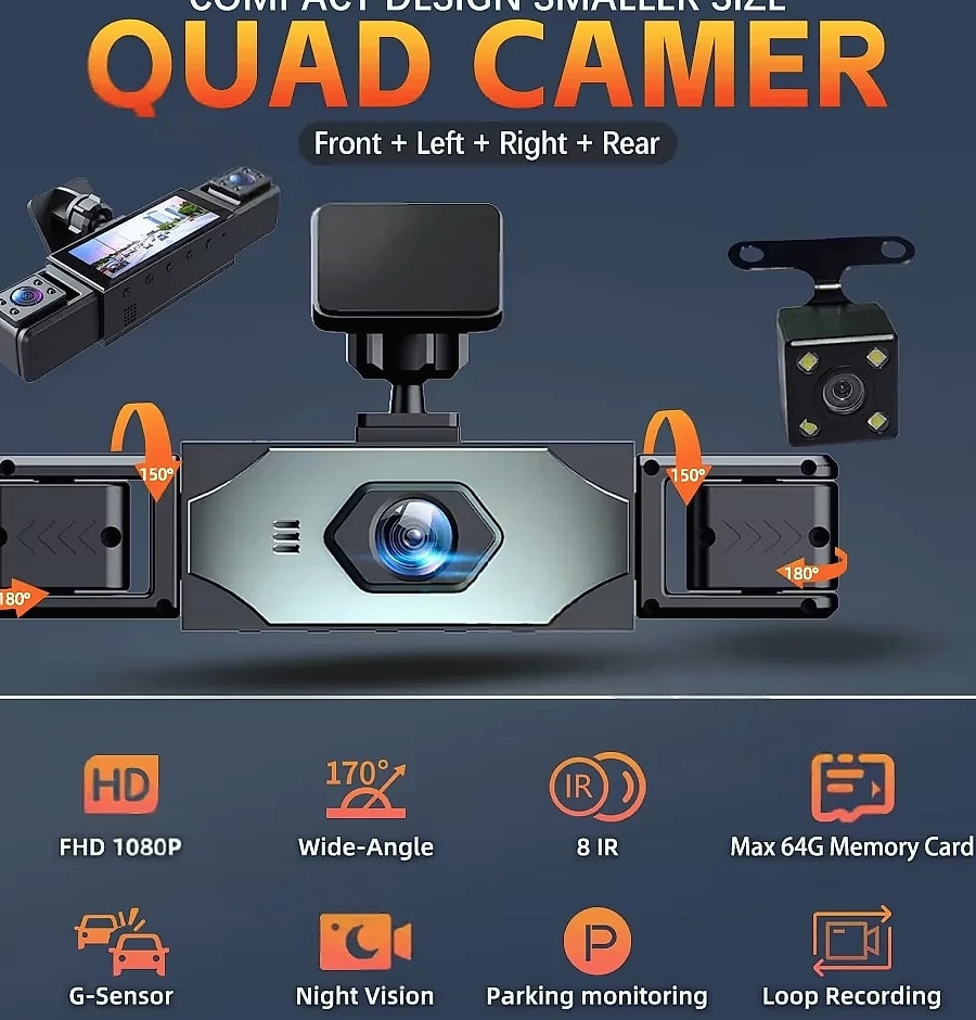 Kolvt 4 Channel 1080P Dash Cam with Front Rear Side Cameras