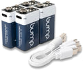 4 Pack 9 Volt Lithium Ion Rechargeable Batteries 650mAh USB-C Type Cable Bump