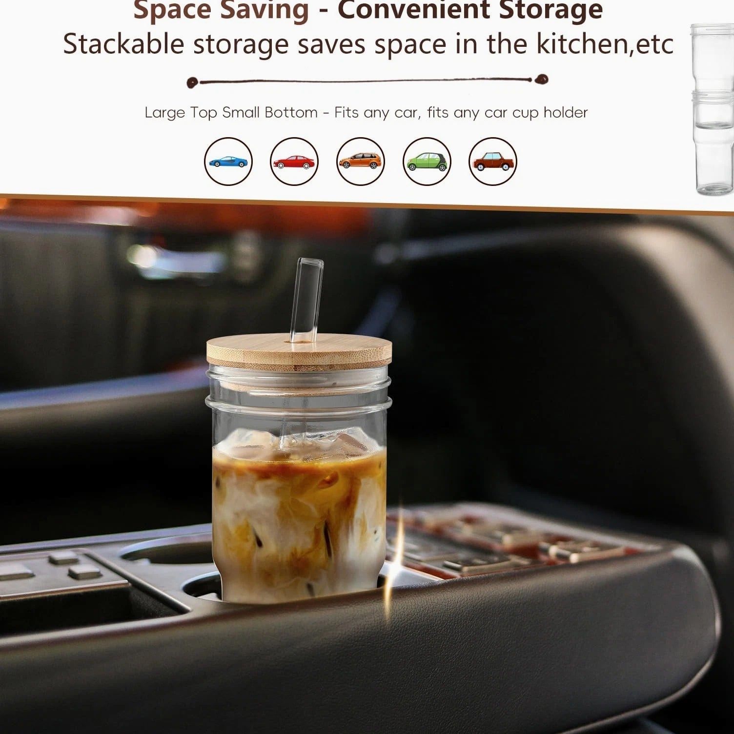 Mason Jar with Lid and Straw,24 oz Iced Coffee Cup with Bamboo Lid and Straw,...