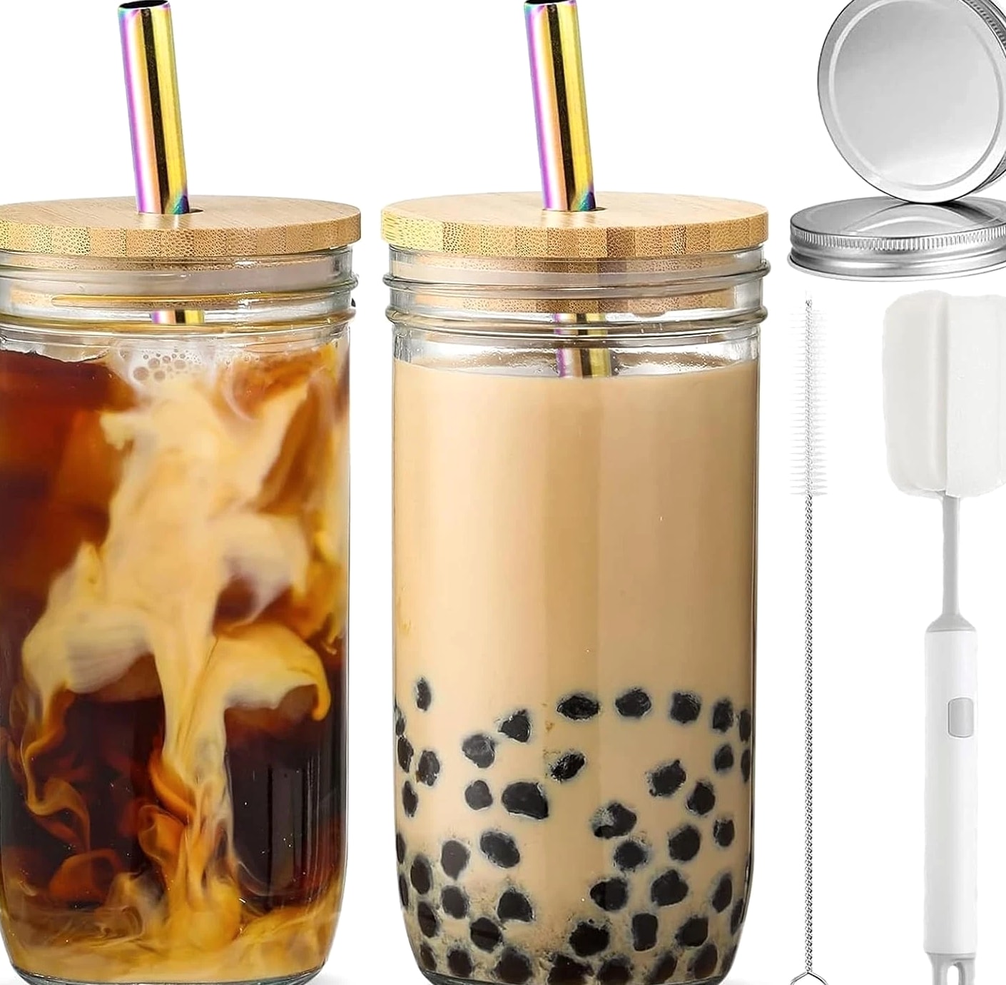 2 Pcs 24 oz Glass Cups With Bamboo Lids and Straws & 2 Airtight Lids, Reusabl...