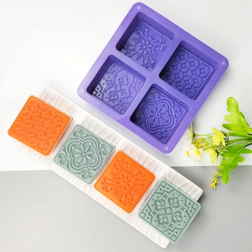 Silicone Soap Mold - 4 Cavities Square Flower Baking Molds For Soap Candles Jelly