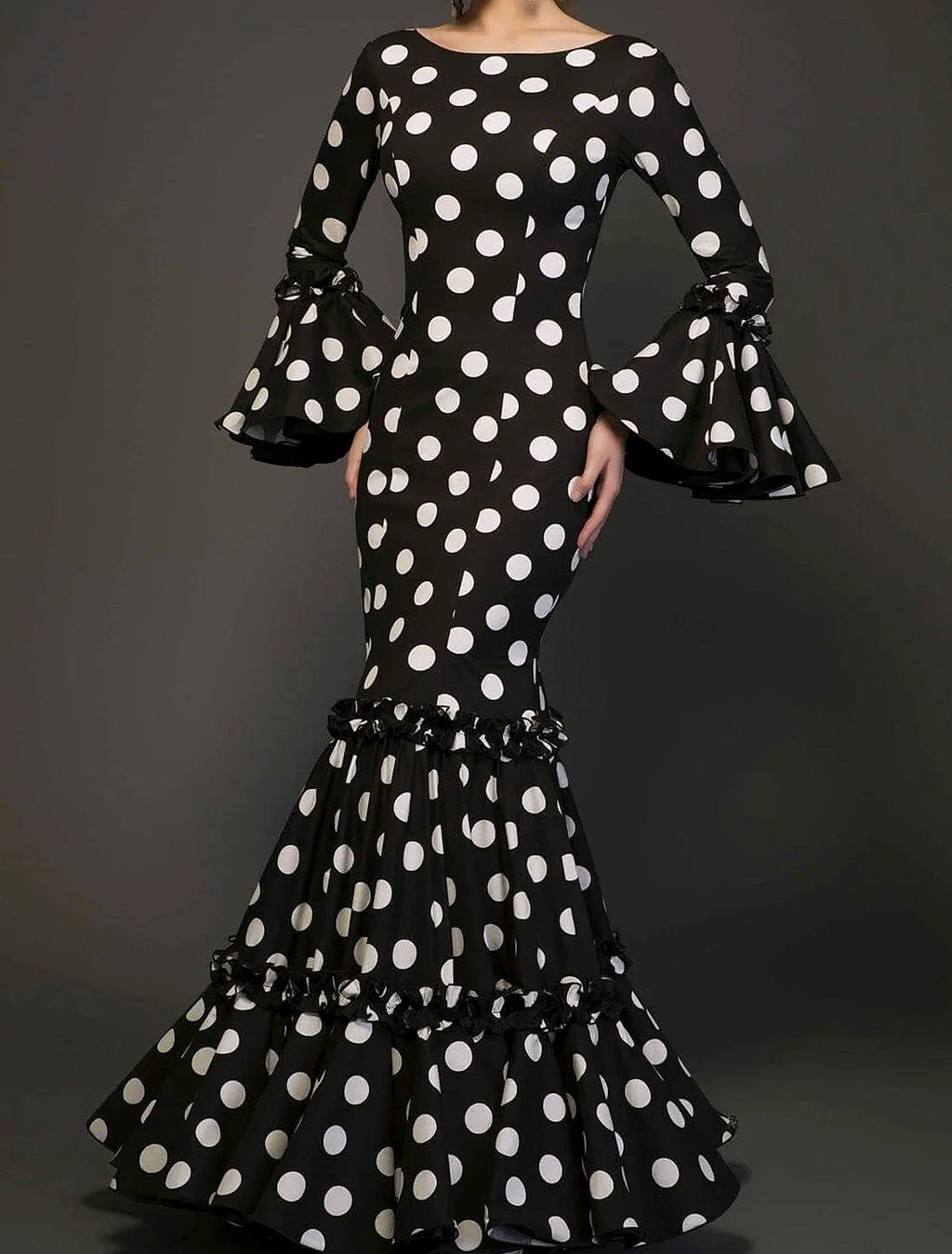 Polka Dot Trumpet Sleeve Evening Dress with Fishtail Hem