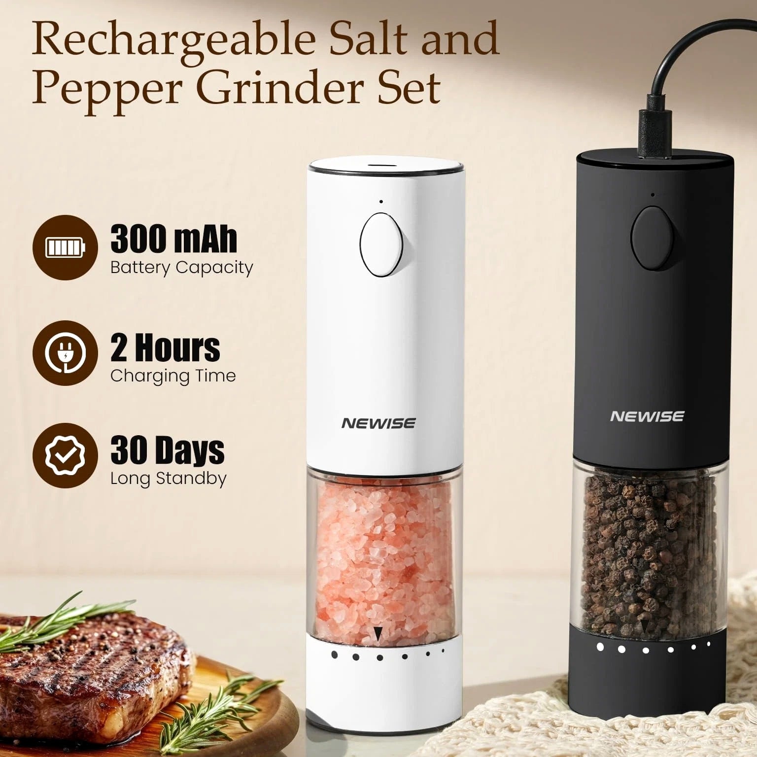 Electric Salt and Pepper Grinder Set, Adjustable Coarseness & LED Light, Rech...