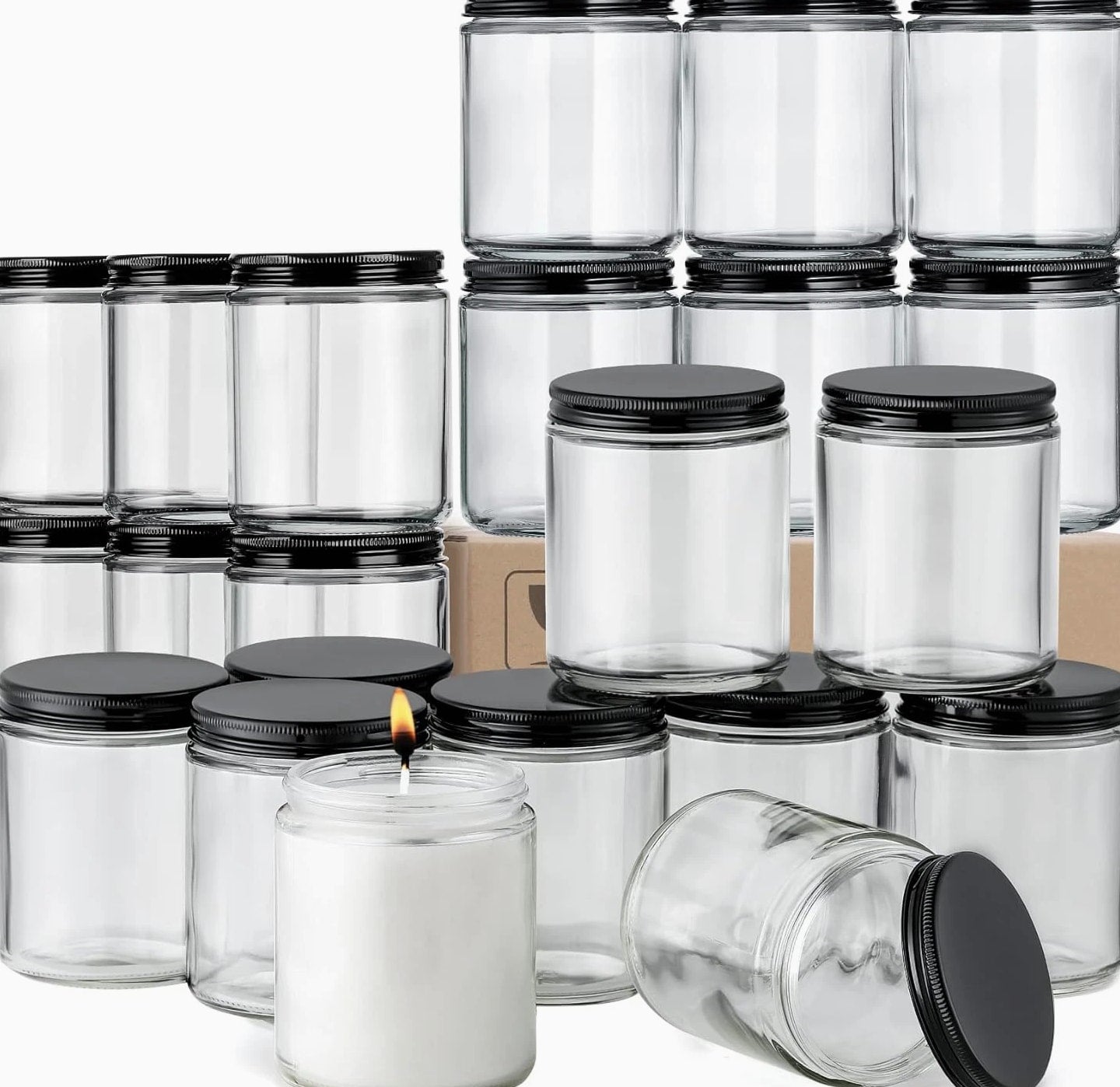 24 Pc, 8 OZ Thick Glass Jars with Metal Lids, Clear Round Candle Making Jars