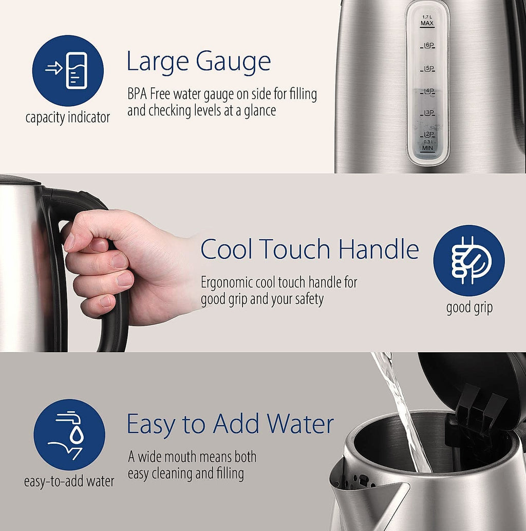 COMFEE' 1.7L Stainless Steel Electric Kettle, 1500W Fast Boil