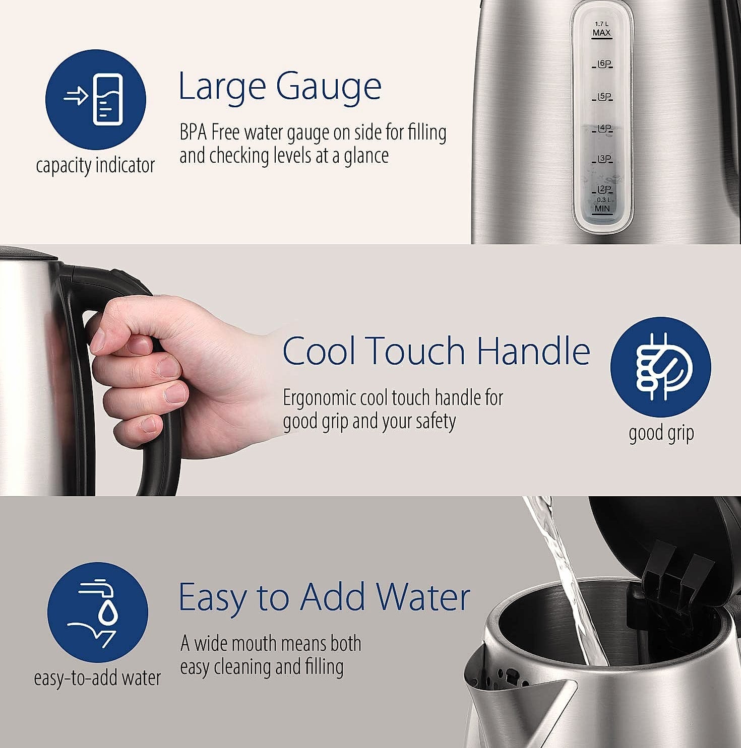 COMFEE' 1.7L Stainless Steel Electric Kettle, 1500W Fast Boil