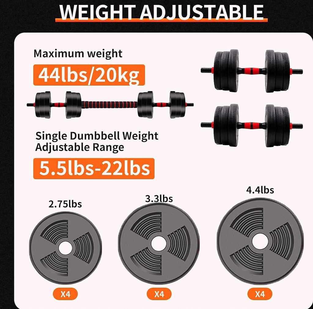 Adjustable Dumbbell to Barbell Set 5-44lbs Home Gym