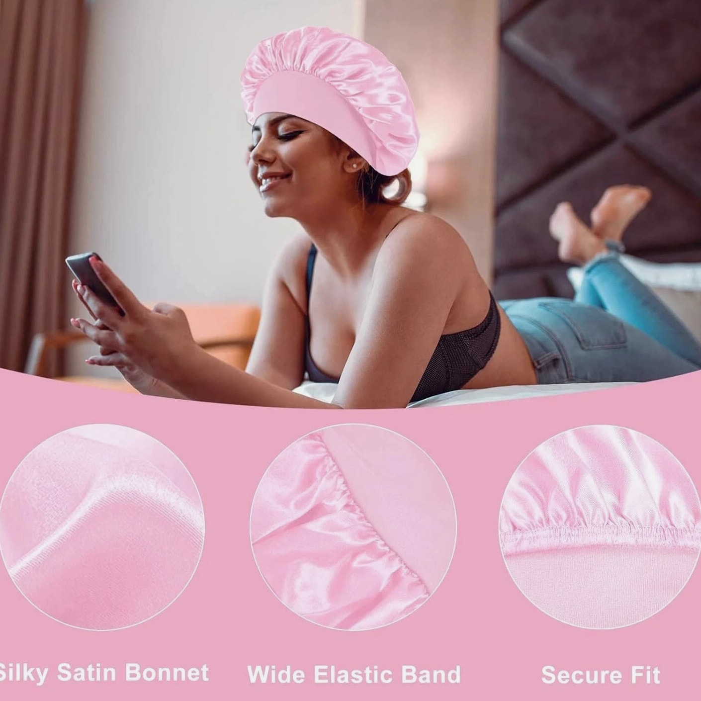 Women Satin Bonnet Night Sleep Cap, Silk Head Cover with Wide Elastic Band Hair Hat