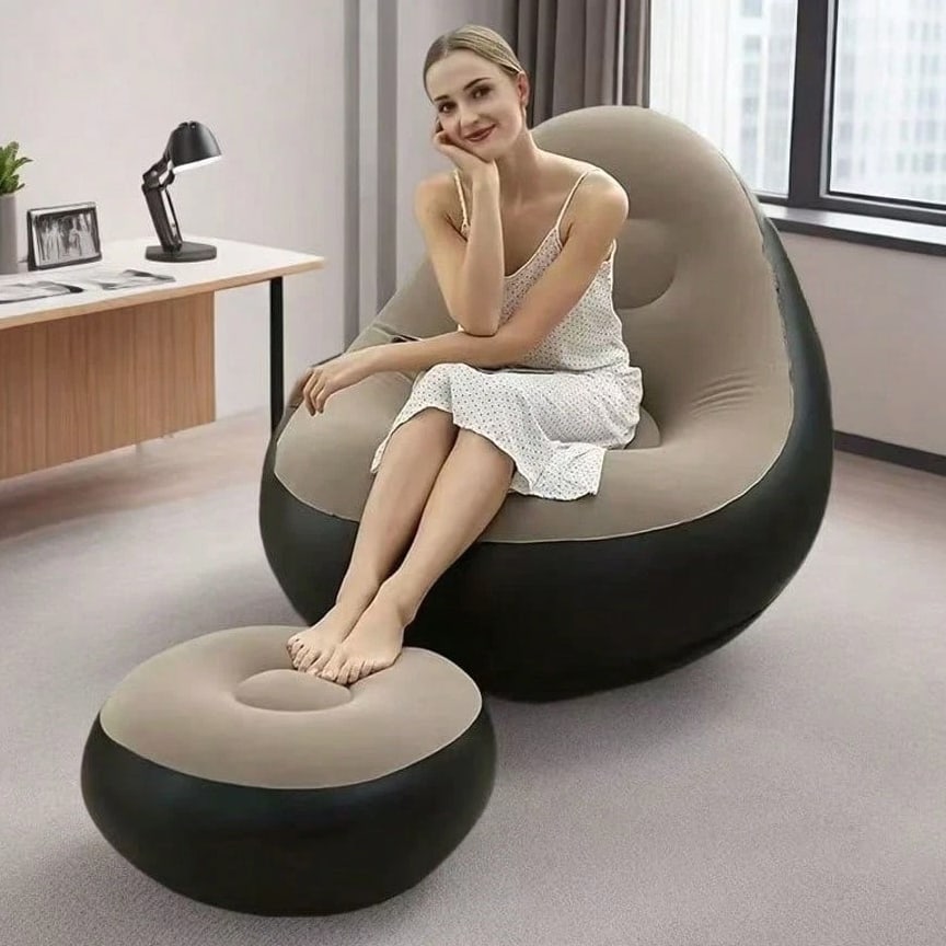 Plush Adult Inflatable Lounge Chair with Ottoman - Portable Cozy Air Sofa