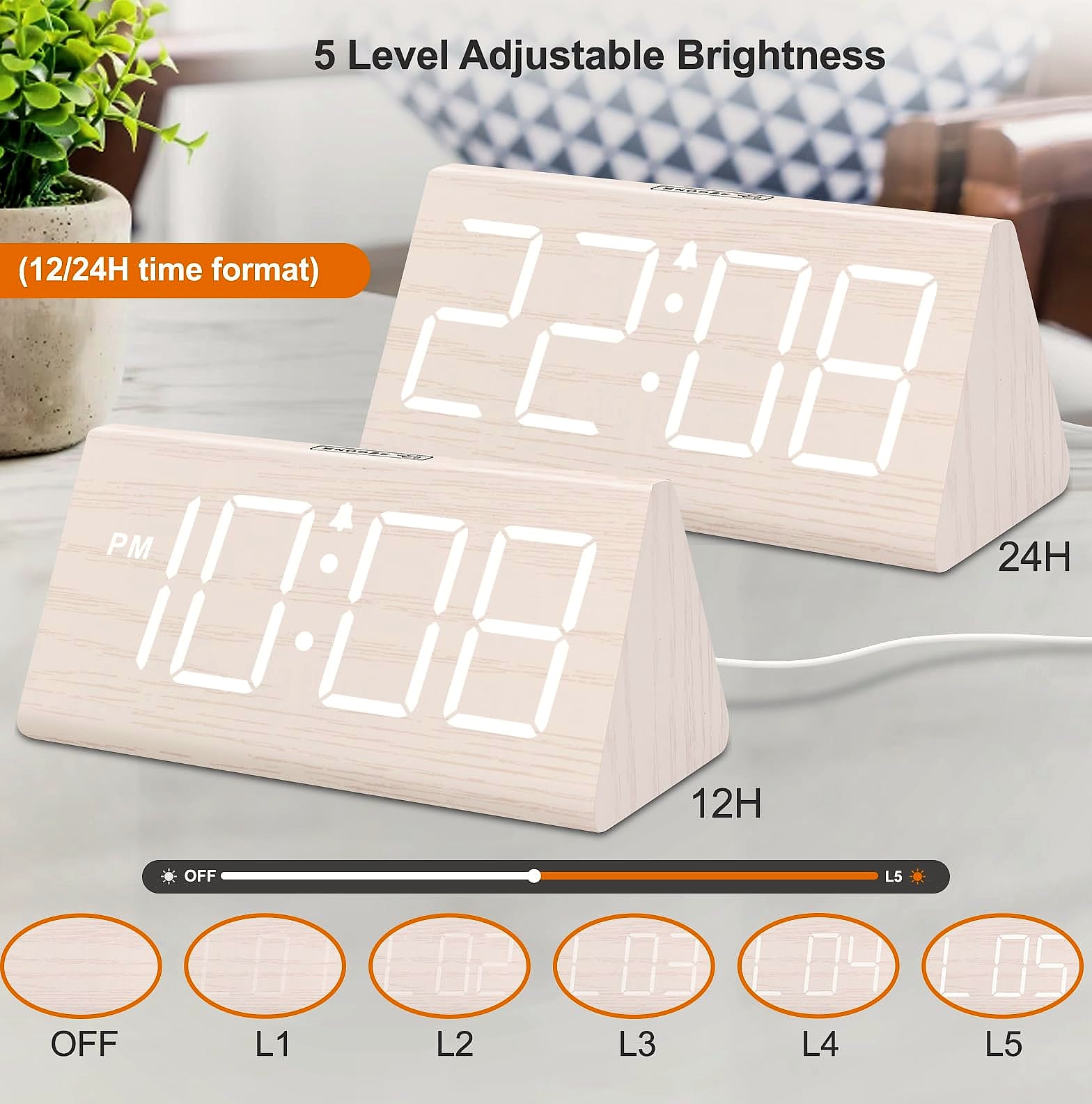 DreamSky Wooden Digital Alarm Clock with USB Charger Port
