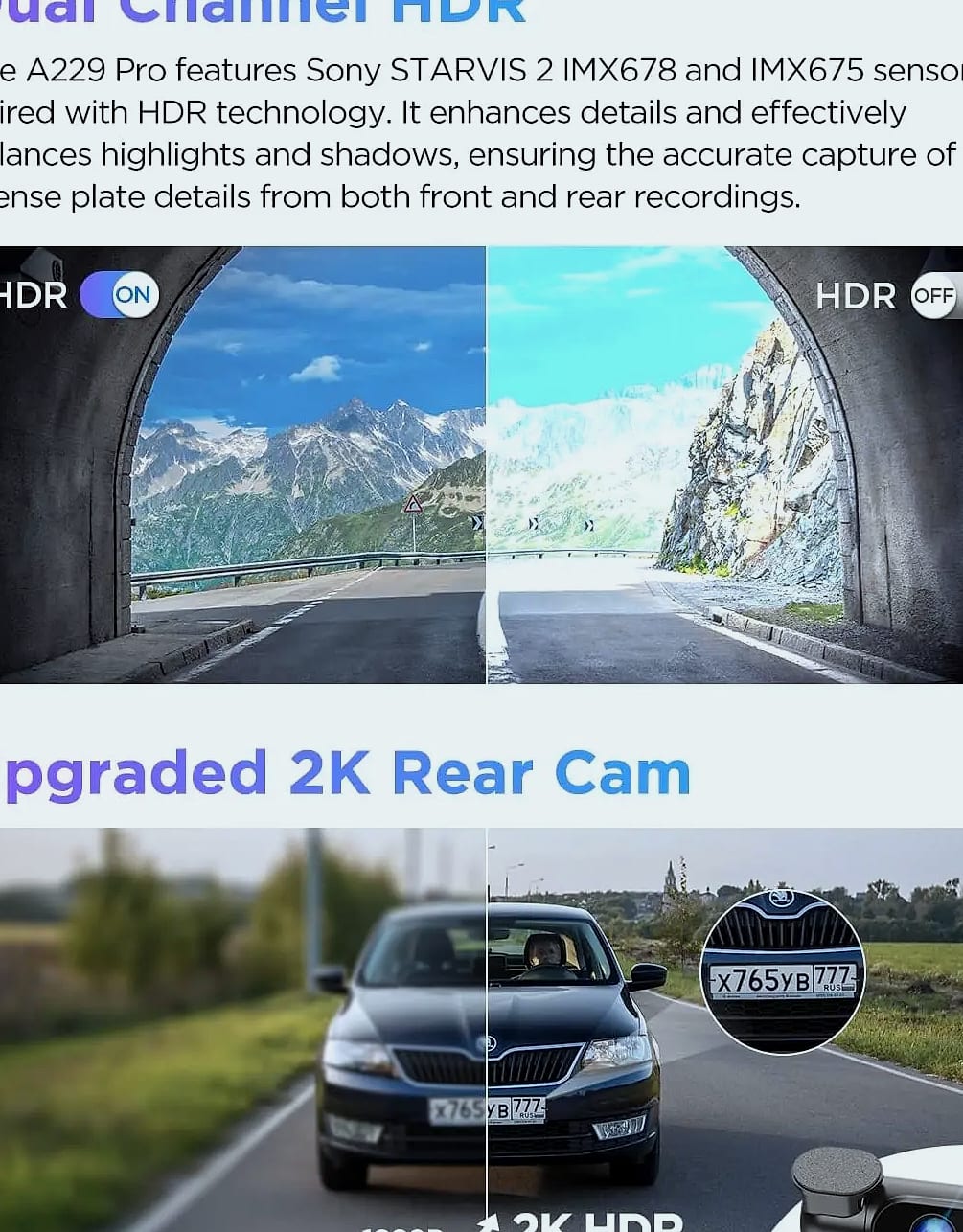 4K HDR Dual Dash Cam with Front and Rear Recording, GPS