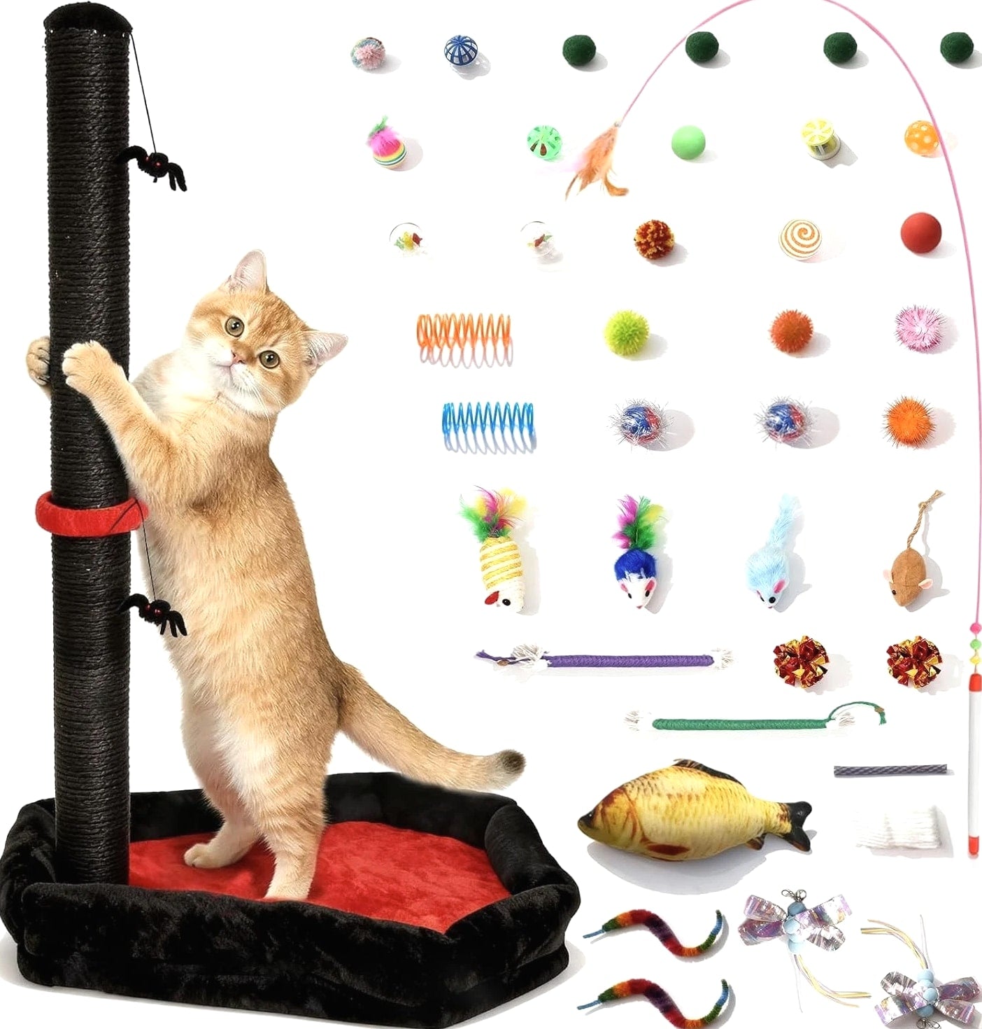 Cat Scratching Post with Cat Bed and 40 PCS Cat Toys, 34" Tall Cat Scratcher