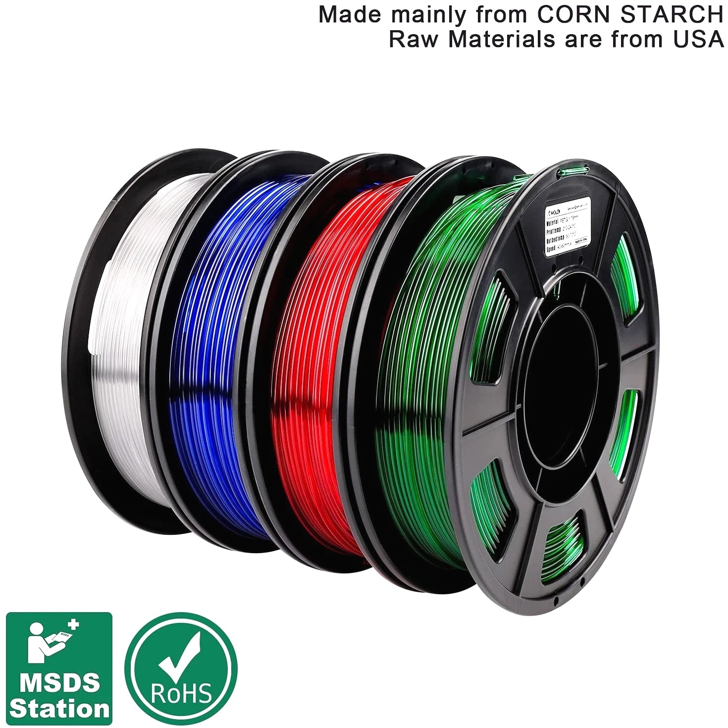 250g Each, 4 Colors PETG Filament for 3D Printing - Clear, Red, Green, Blue