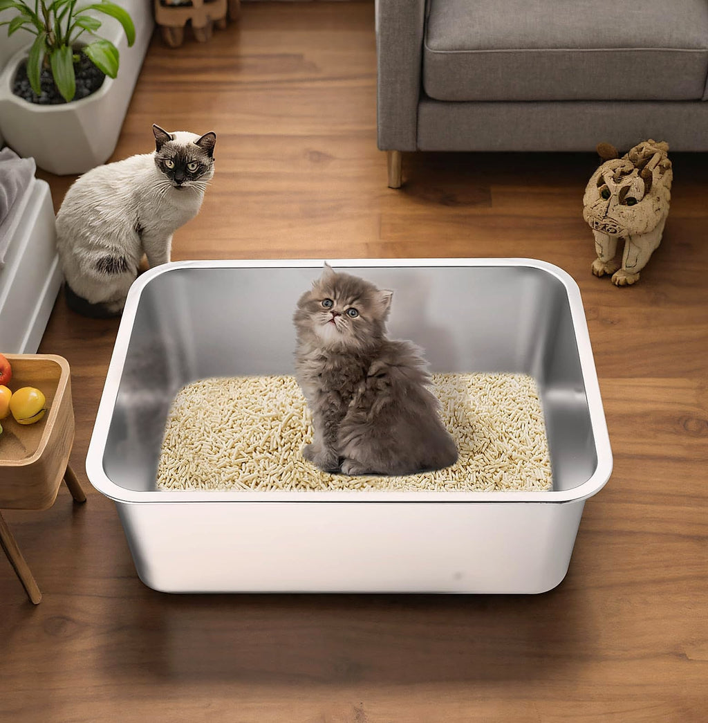 LOPYK Stainless Steel Cat Litter Box, Large 17.7" High-Sided Pan