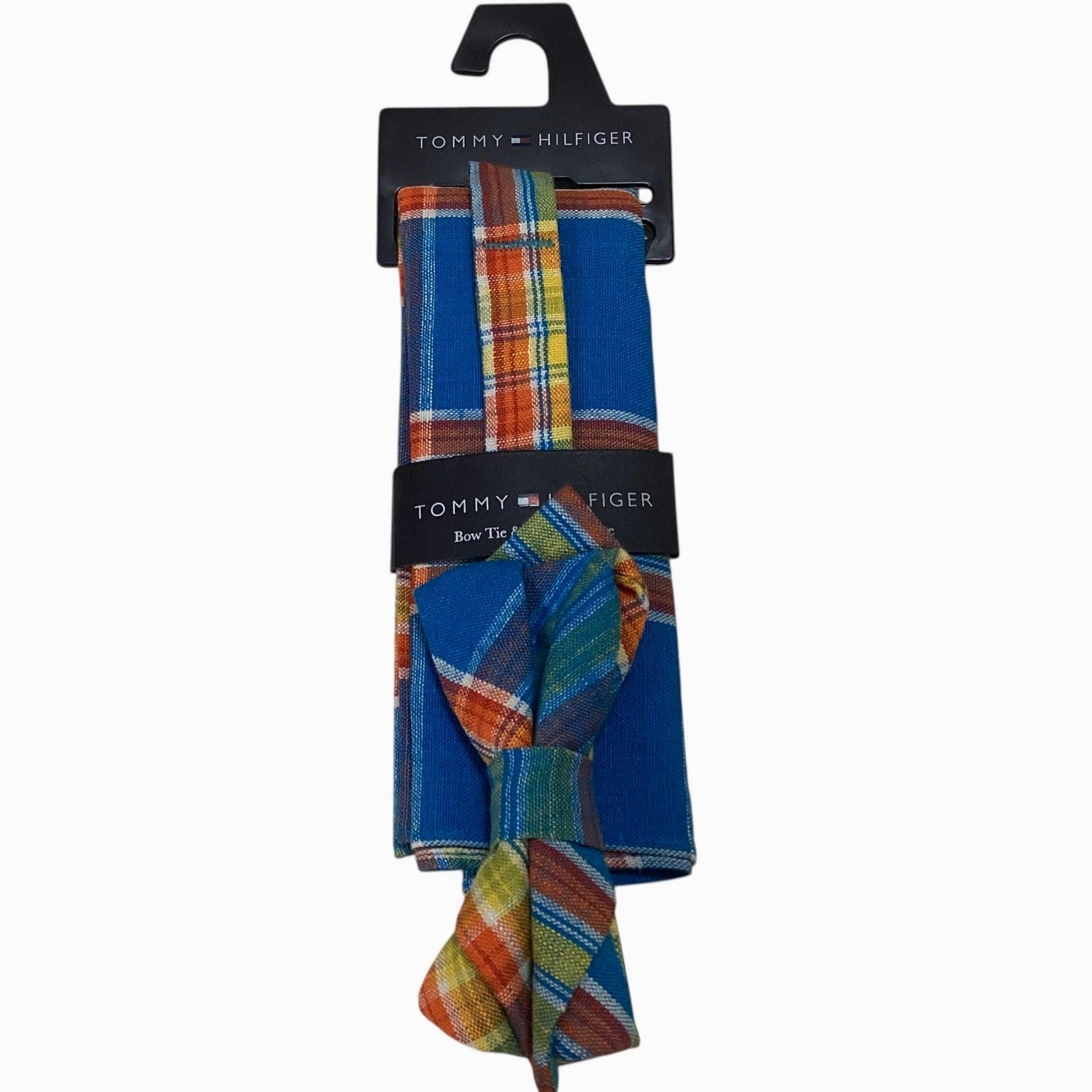 TOMMY HILFIGER Cotton BOW TIE & POCKET SQUARE Set Designer PLAID Blue/Multi NWT