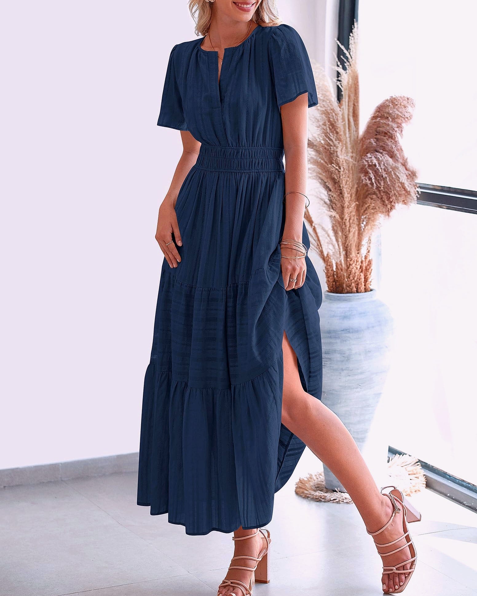 BTFBM Women's Casual Midi Maxi Dress Short Sleeve V Neck
