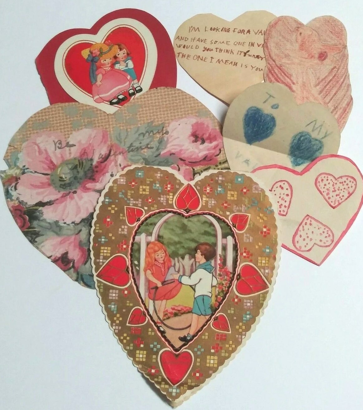 Valentine's Day Die Cut Handmade Vintage Love Hearts Card Lot - 14 Pieces, 3"-8" each