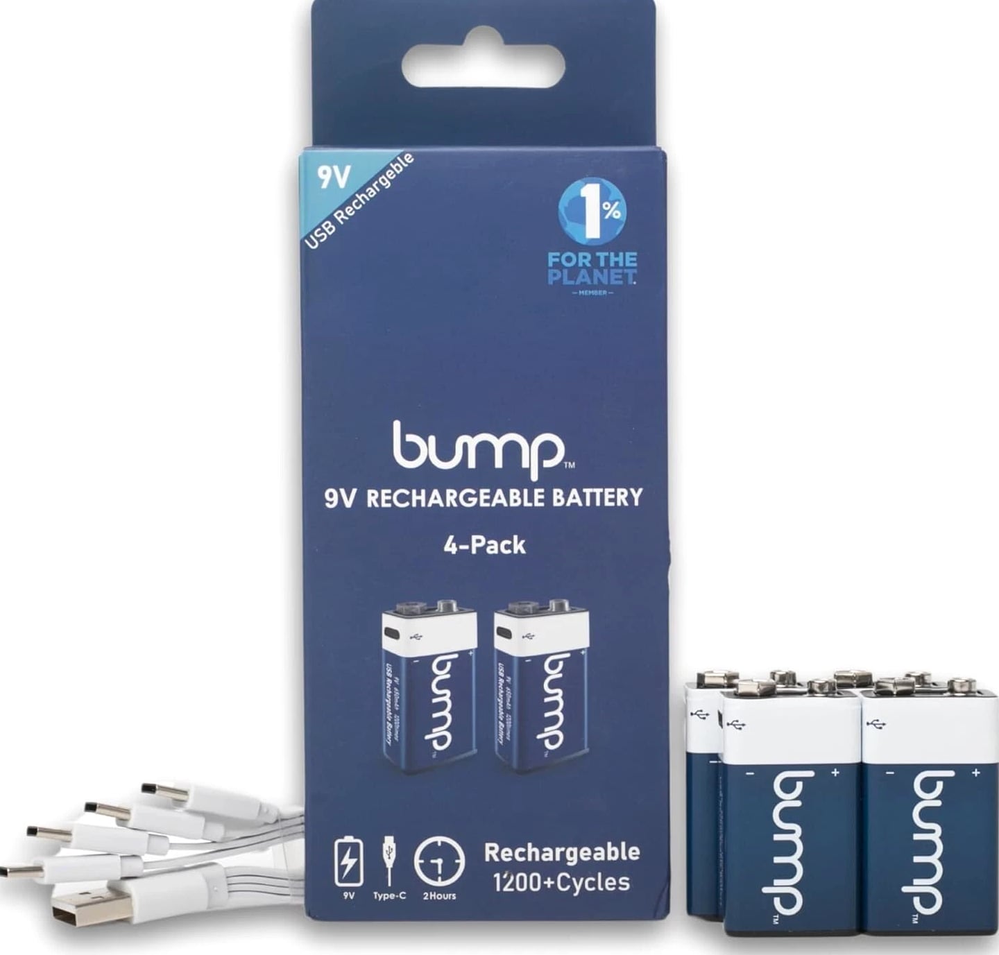 4 Pack 9 Volt Lithium Ion Rechargeable Batteries 650mAh USB-C Type Cable Bump