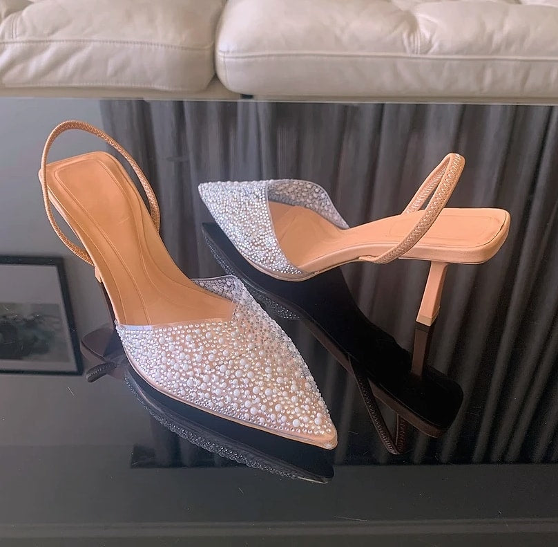 Nuolaian Pearl Slingback Pumps Women's Pointed Toe Heels