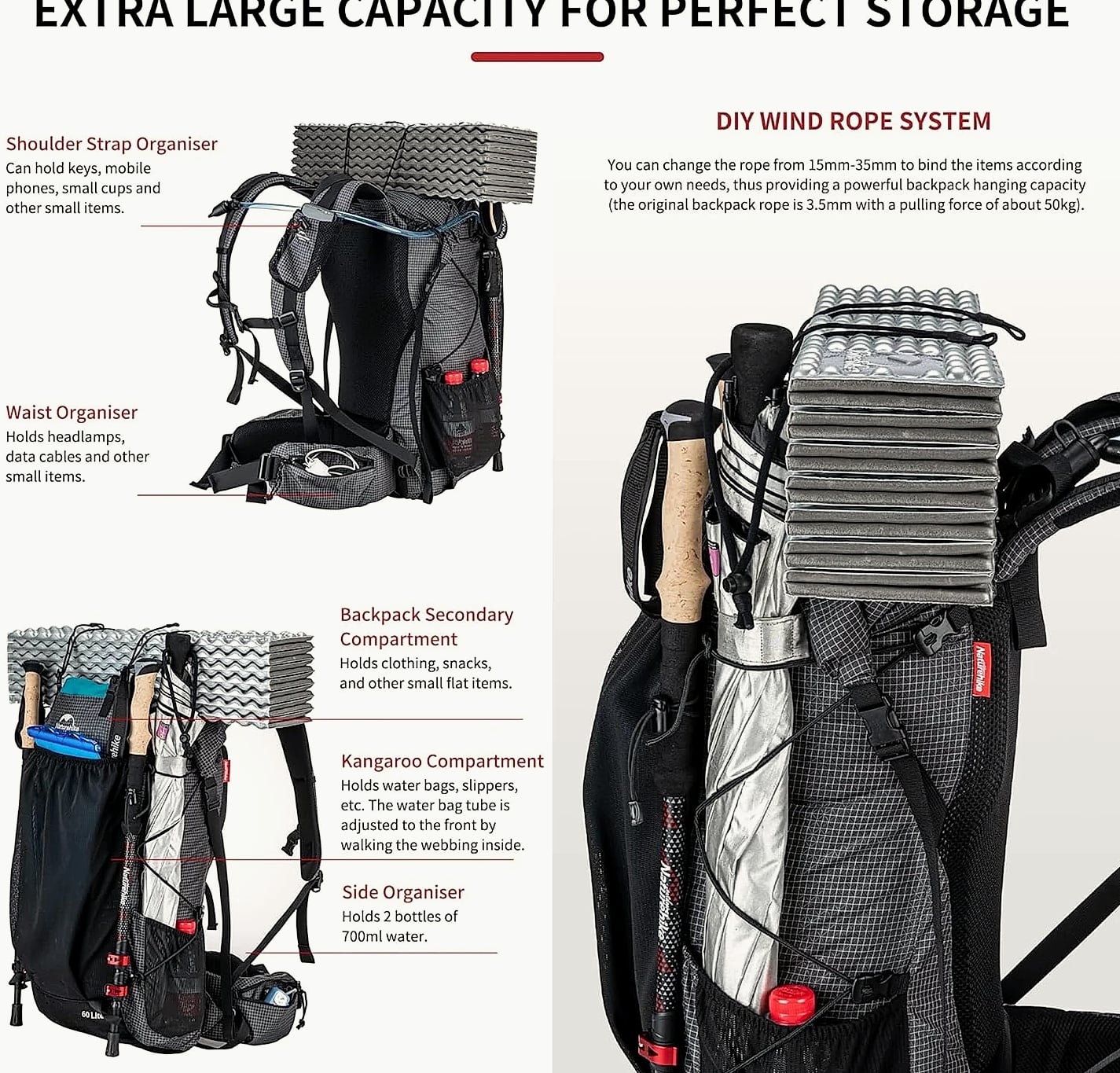 Naturehike 60+5L Mountain Backpack Hiking Travel Bag