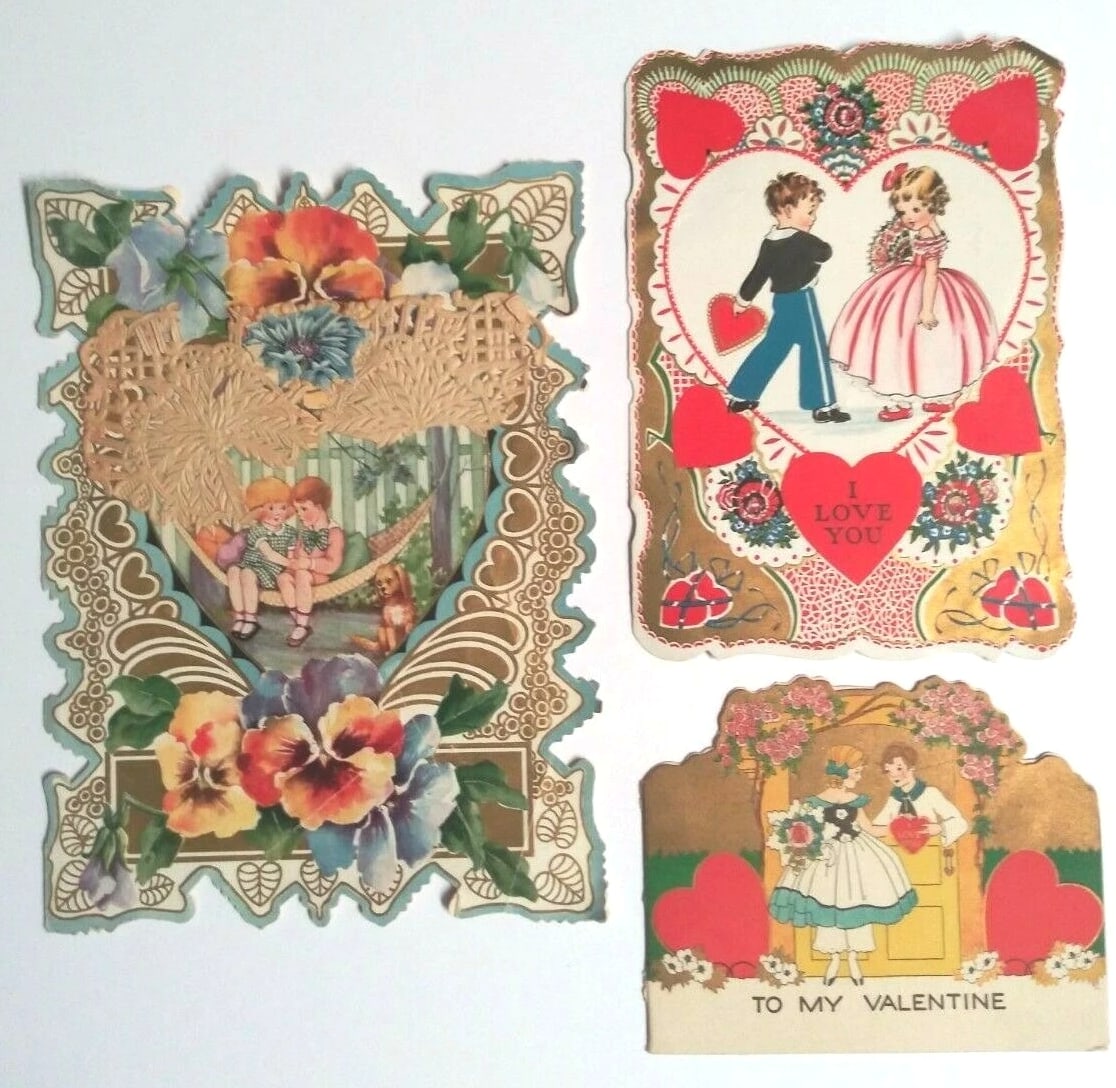 Valentine's Day Die Cut Handmade Vintage Love Hearts Card Lot - 14 Pieces, 3"-8" each