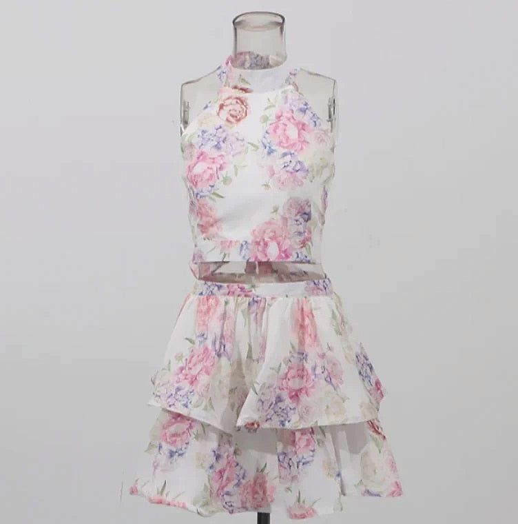 Chic Floral Printed Mini Dress Backless Sleeveless Hem Stacking Dresses Sweet A Line Vestidos 2025 New Lady Party Club Clothing