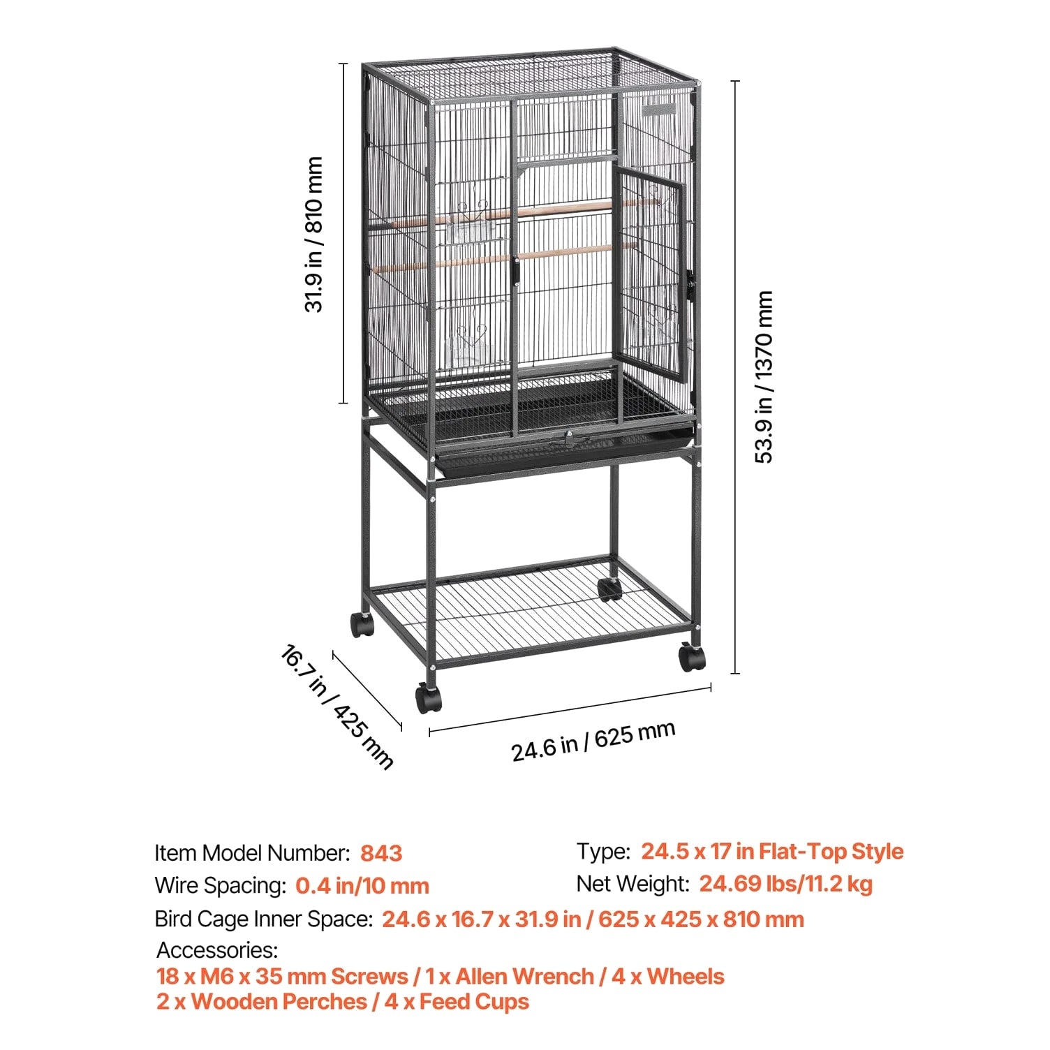 Uimoso Bird Cage with Flat Top, 24.6 x 16.7 x 53.9 inch, Durable Wrought Iron