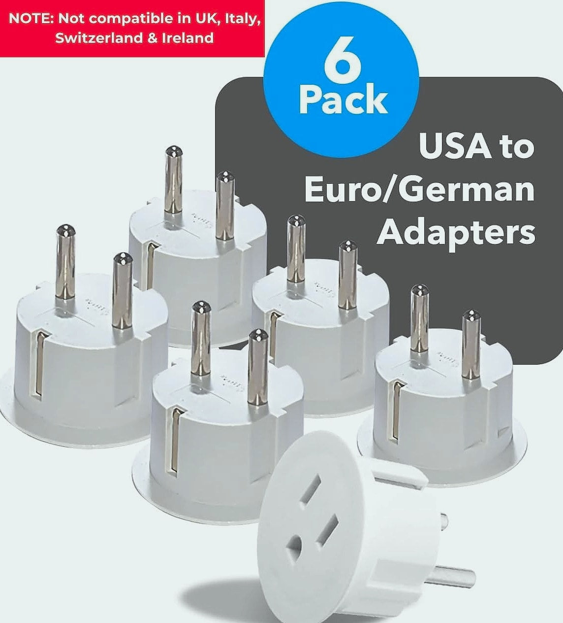 OREI American USA To European Plug Adapter – Type E/F Schuko Plug Adapter - Use in Germany, France, & More - CE Certified – For Mobile, Laptop & Camera Chargers - 6 Pack