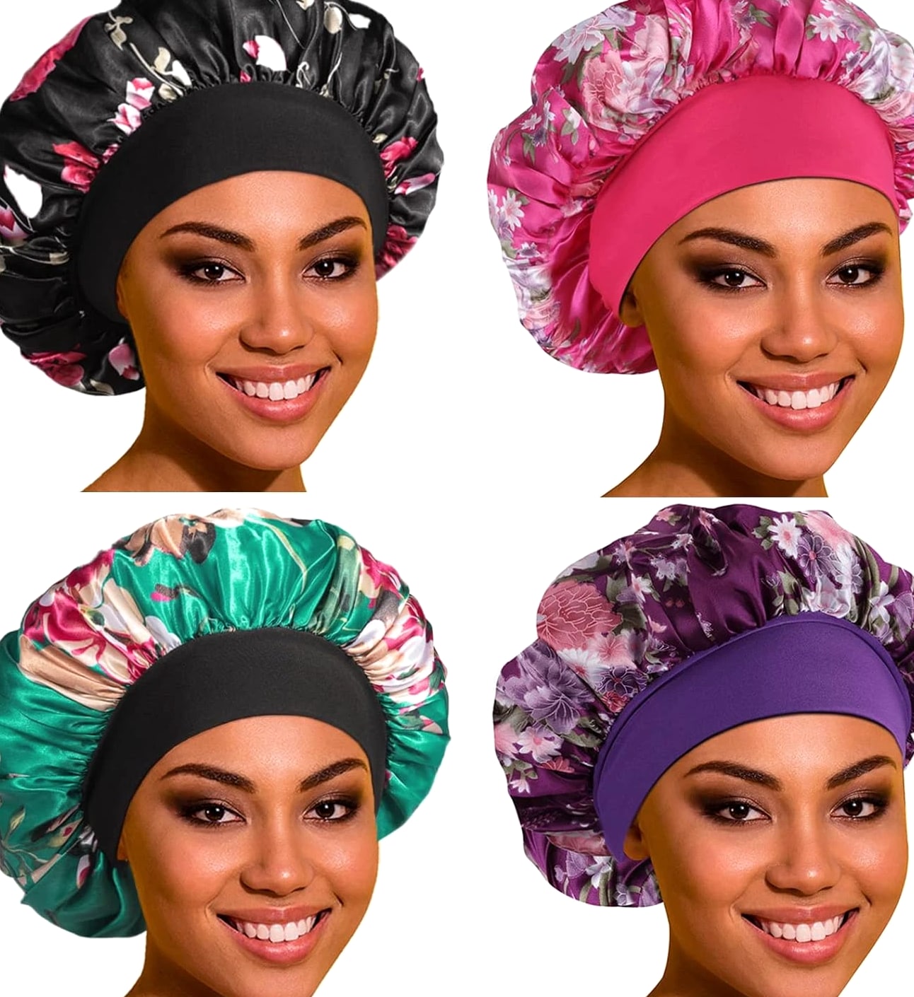 Satin Bonnet Hair Cap for Sleeping- 4 Pack Large Silk Bonnets for Women, Elastic Soft Band