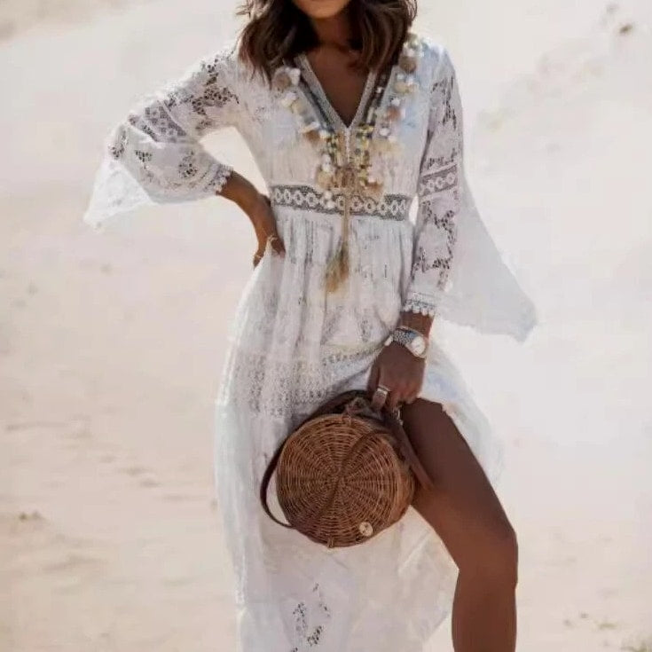 Women's Boho Maxi Lace V Neck Flare Sleeve Dress Summer Party Beach Sundress