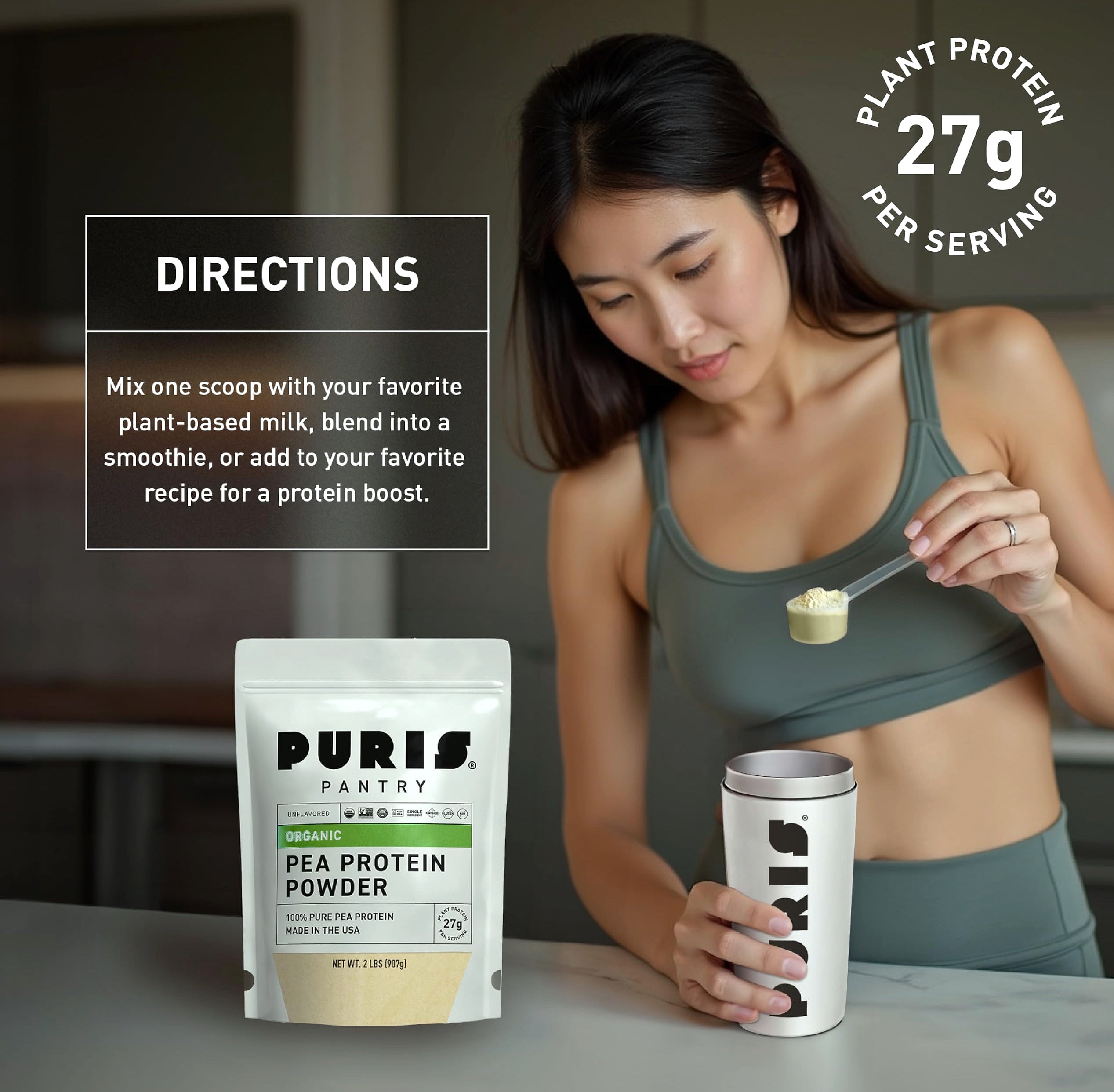 PURIS Organic Pea Protein Powder, 27g Plant Protein Vegan