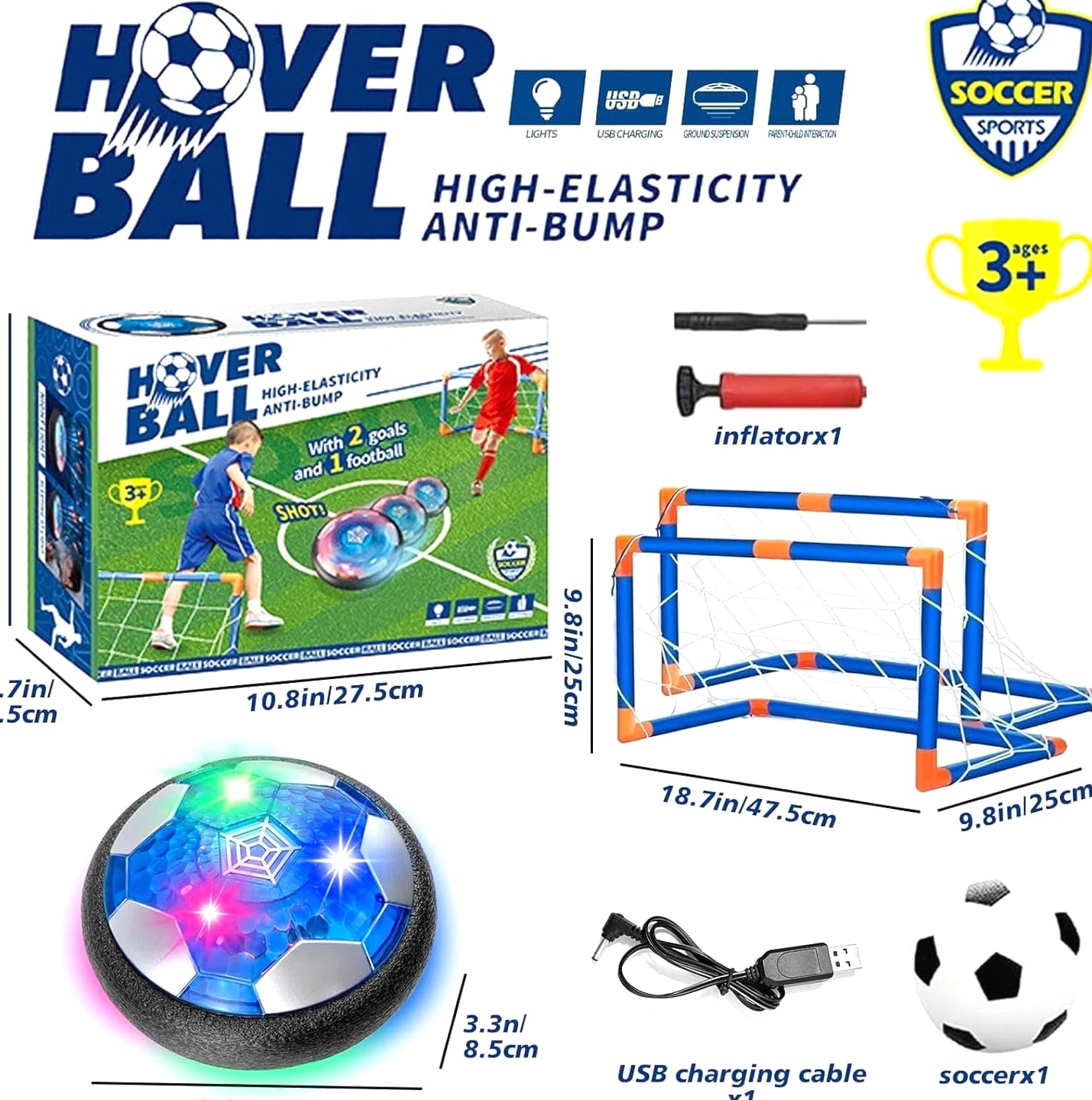 Hover Soccer Ball Set - Indoor Soccer 4 in 1 Rechargeable Air Power with LED