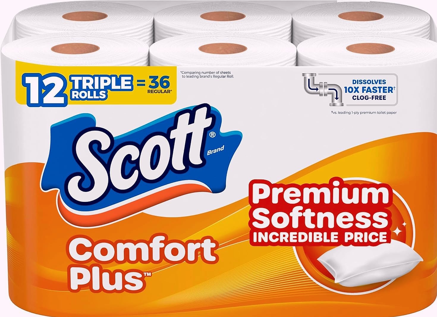 Scott ComfortPlus Toilet Paper, 12 Triple Rolls, 1-Ply Bath Tissue