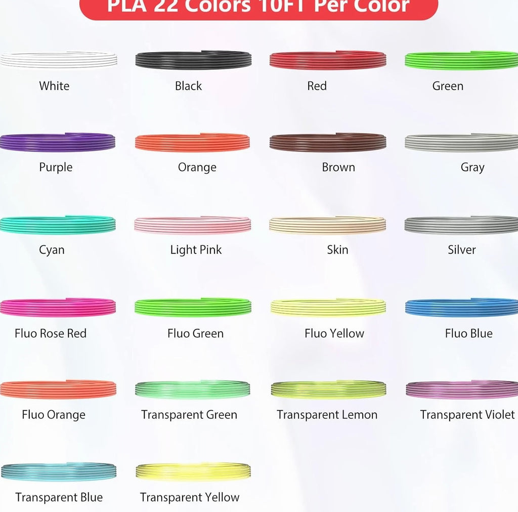 22 Colors 3D Pen Filament 1.75mm PLA - Each Color 10 Feet, Total 220 Feet