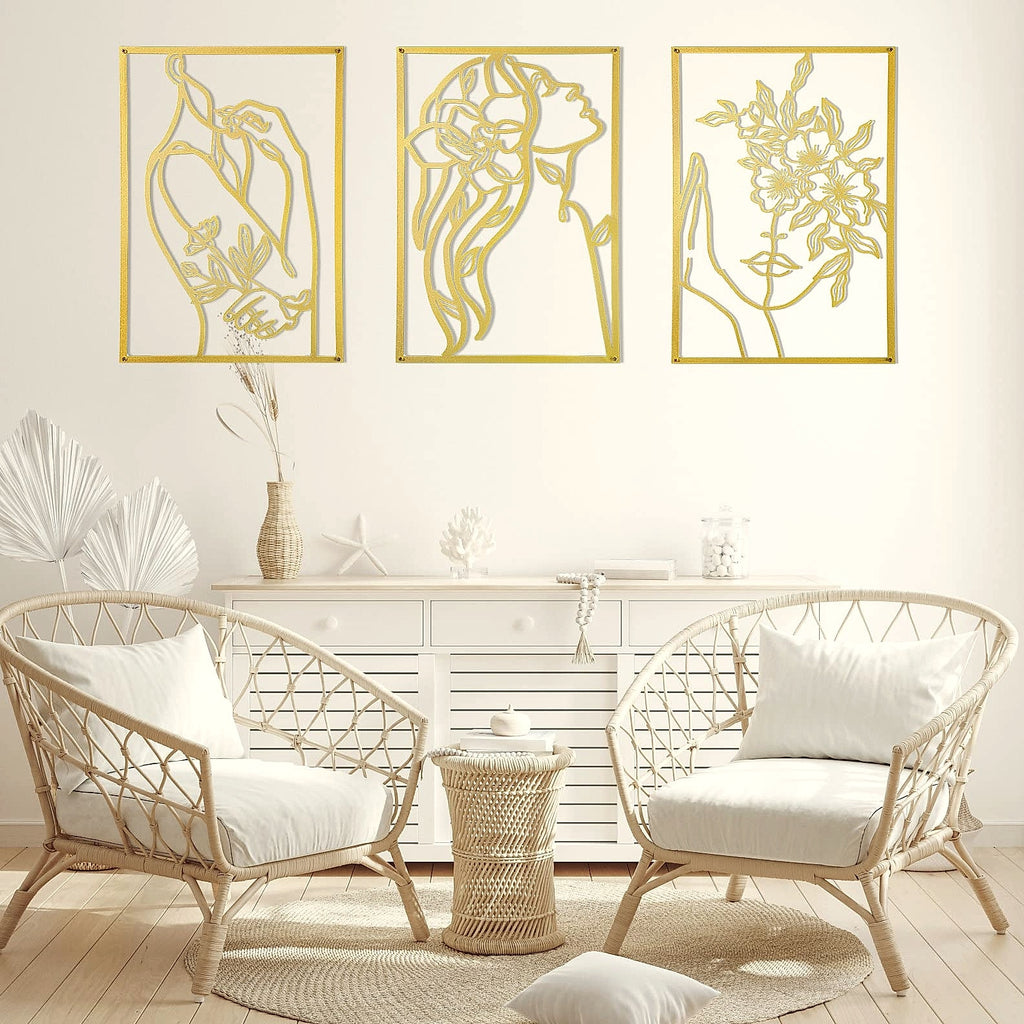 AGIOTA 3 Pcs Gold Wall Art Female Body Line Drawing Metal Decor