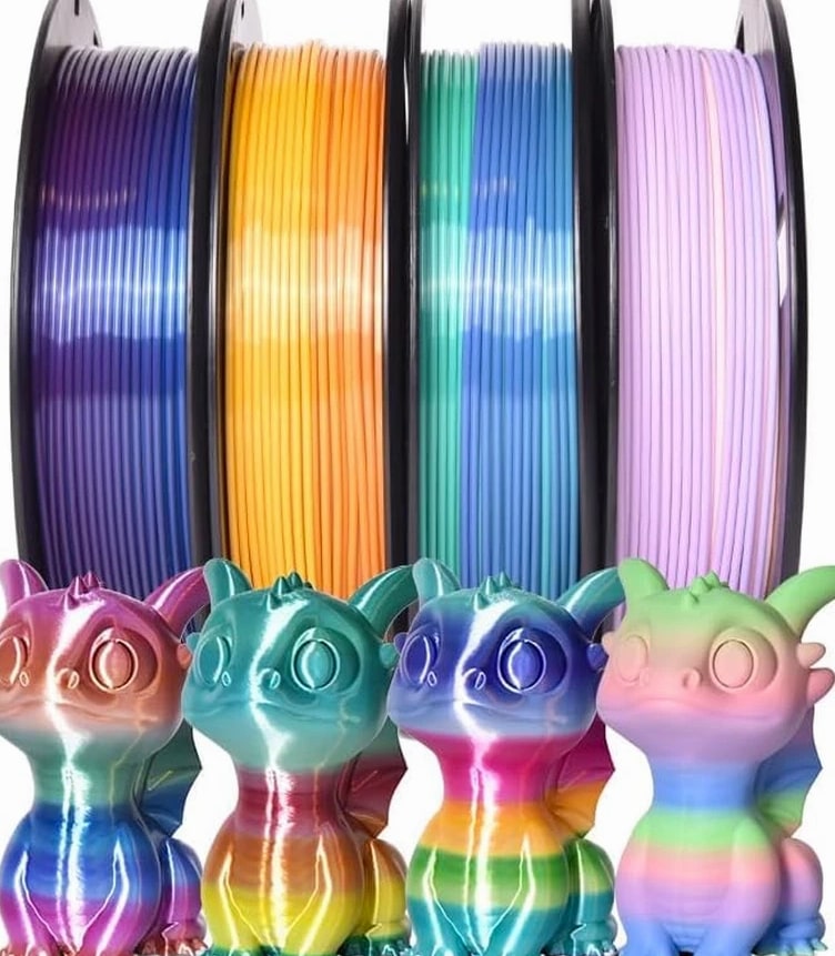 4-Pack Silk Matte Rainbow PLA Filament 1.75mm - Multicolor Fast Color Change 3D
