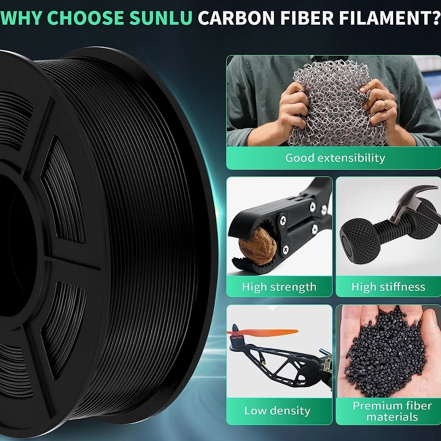 SUNLU PLA Carbon Fiber Filament 1KG/2.2LBS Black 3D Printer Material
