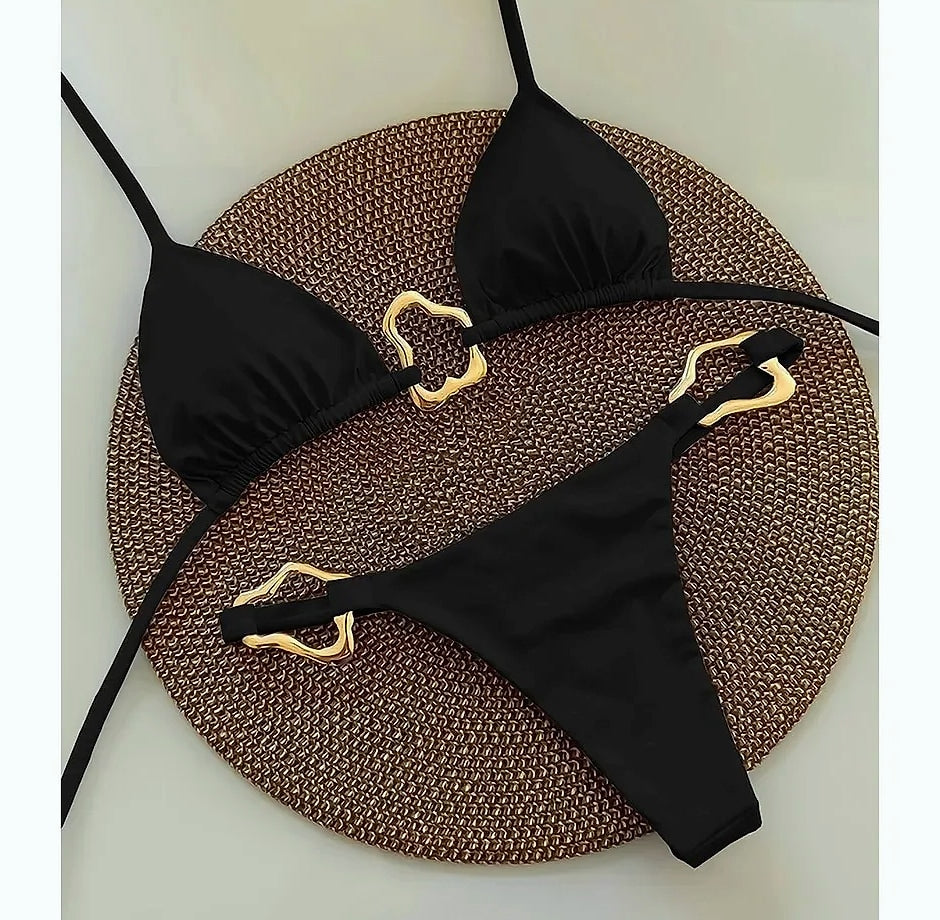 Lace-up Solid Color Two-piece Bikini Swimsuit for Women