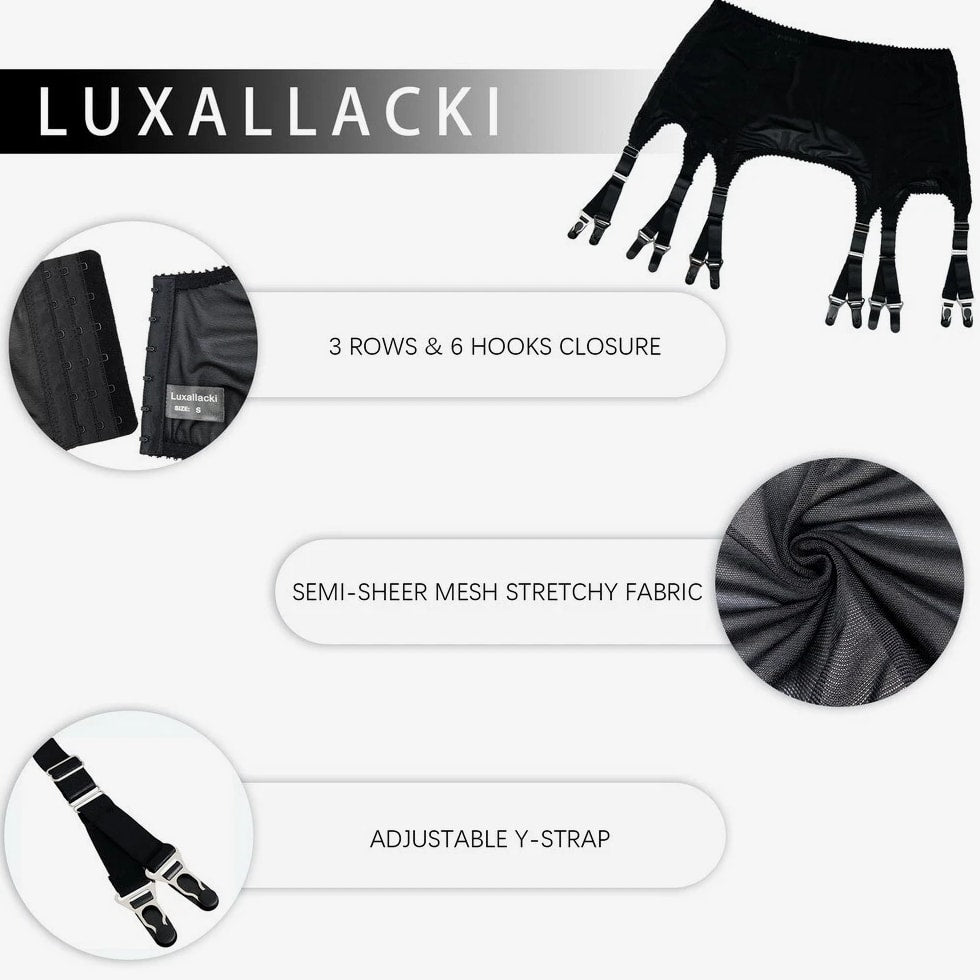 Luxallacki Stretchy Mesh Garter Belt with 6 Adjustable Y-straps and 12 Buckles