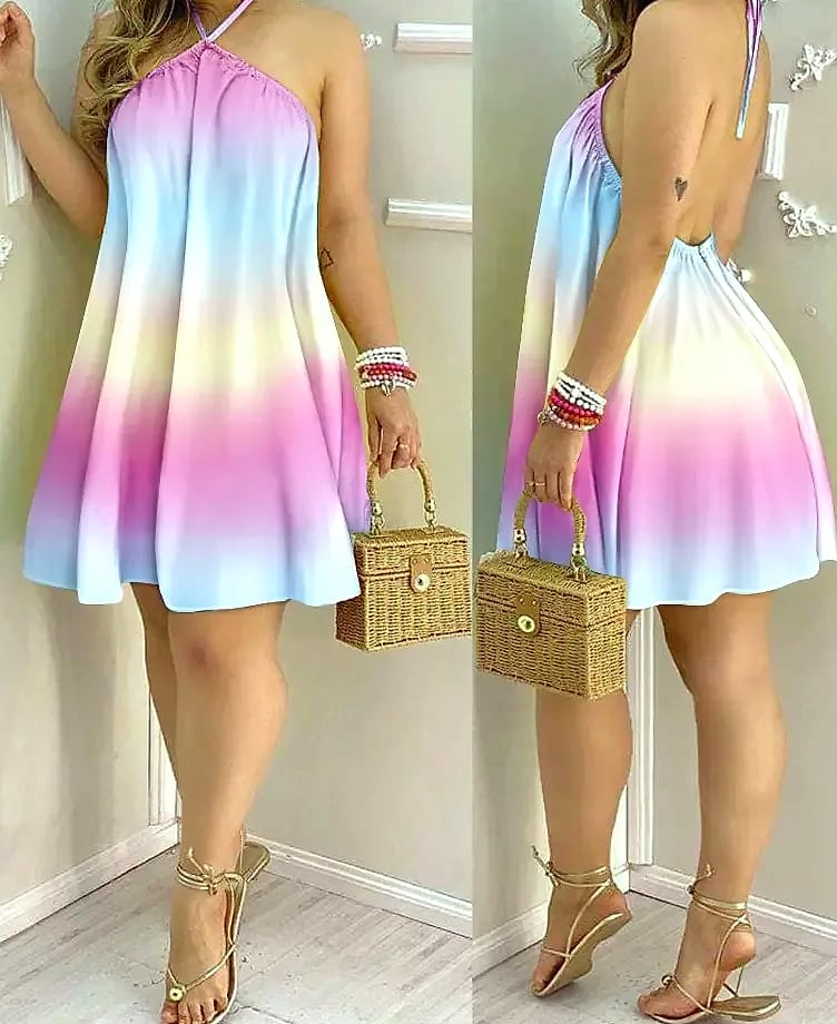 Floral Print Backless Halter Dress for Spring Summer