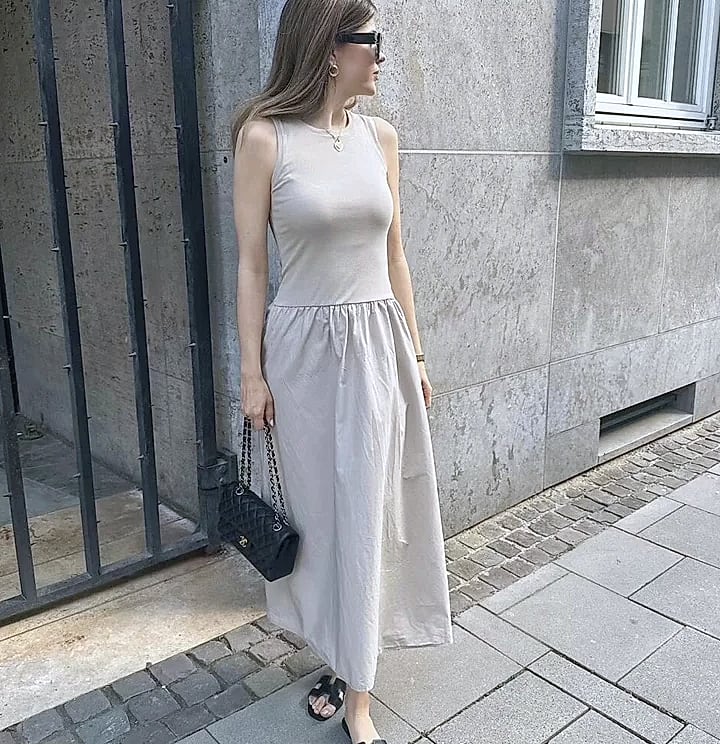 HXAO Women's Sleeveless Long Dress Black Khaki