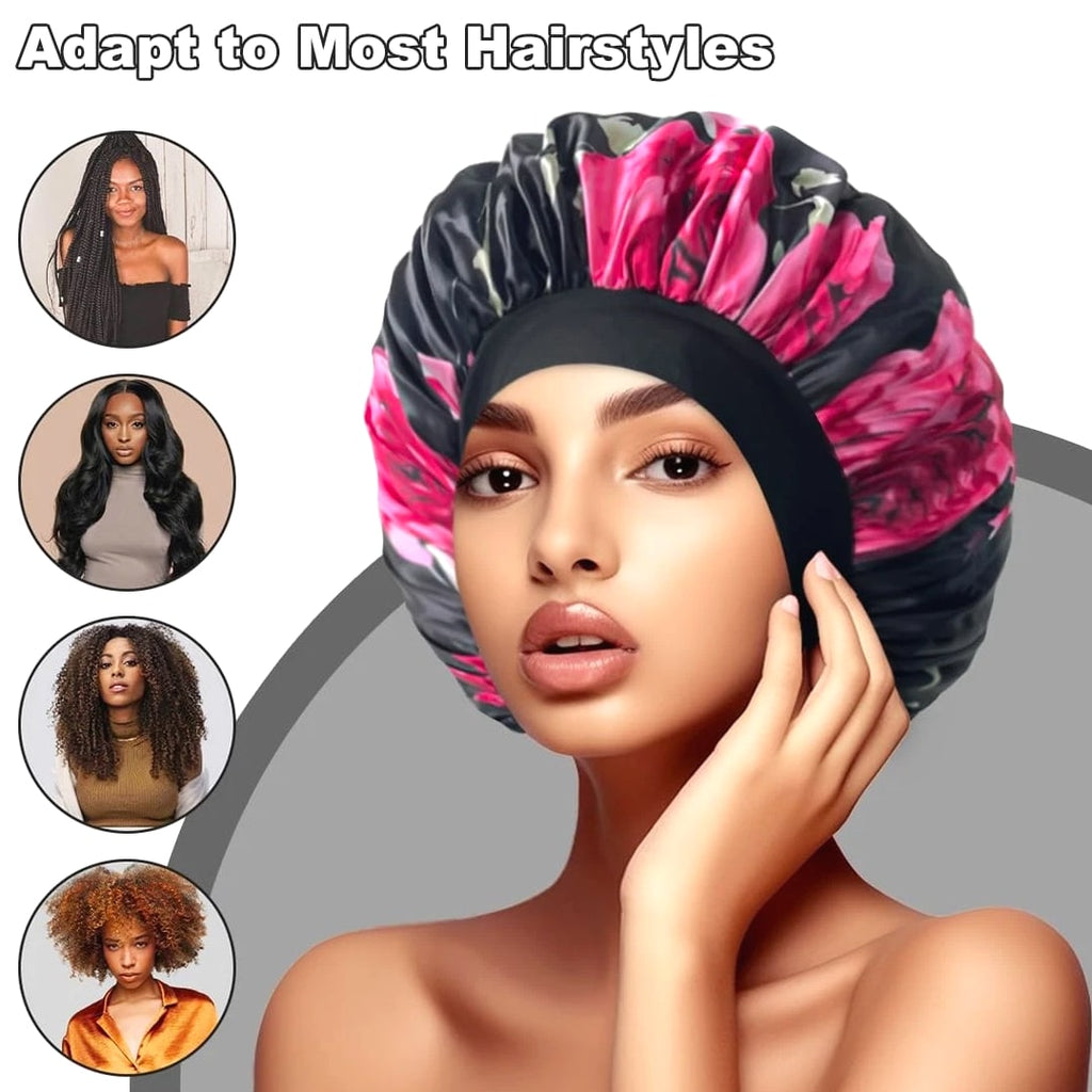 Satin Bonnet 2-Pack Silk Hair Bonnets Black Peacock Blue Pink