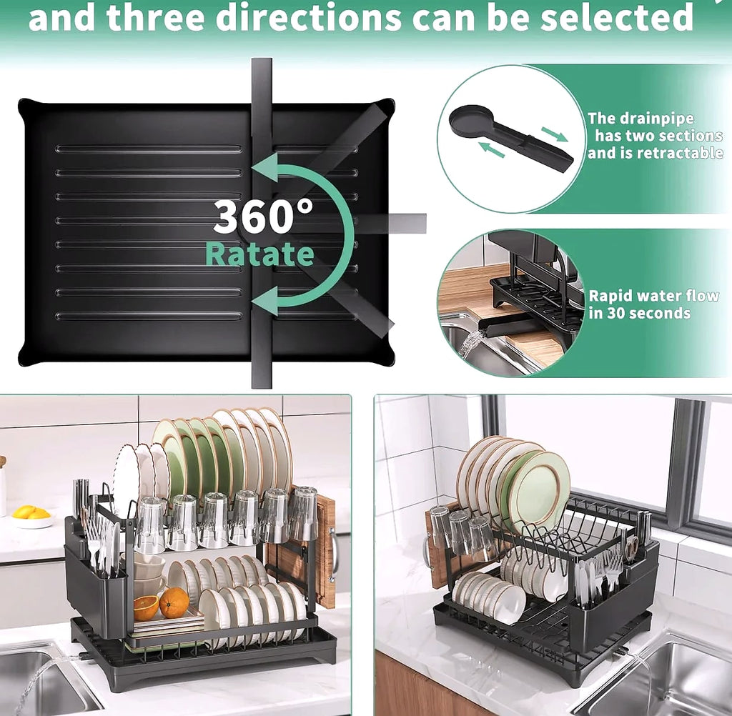 DIAMRI 2-Tier Rotating Dish Drying Rack with 360° Swivel