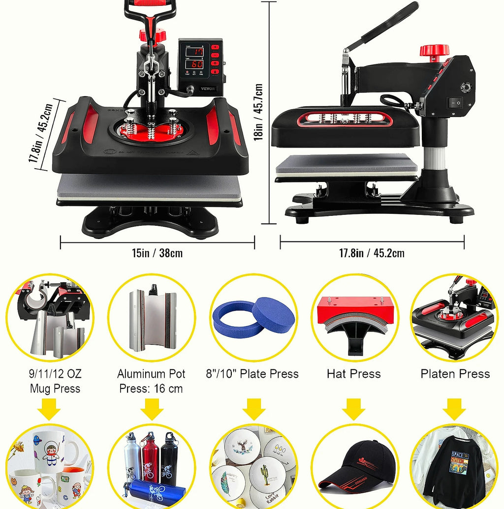 SucceBuy 12x15" Heat Press 5-in-1 Combo Machine with Dual Heating