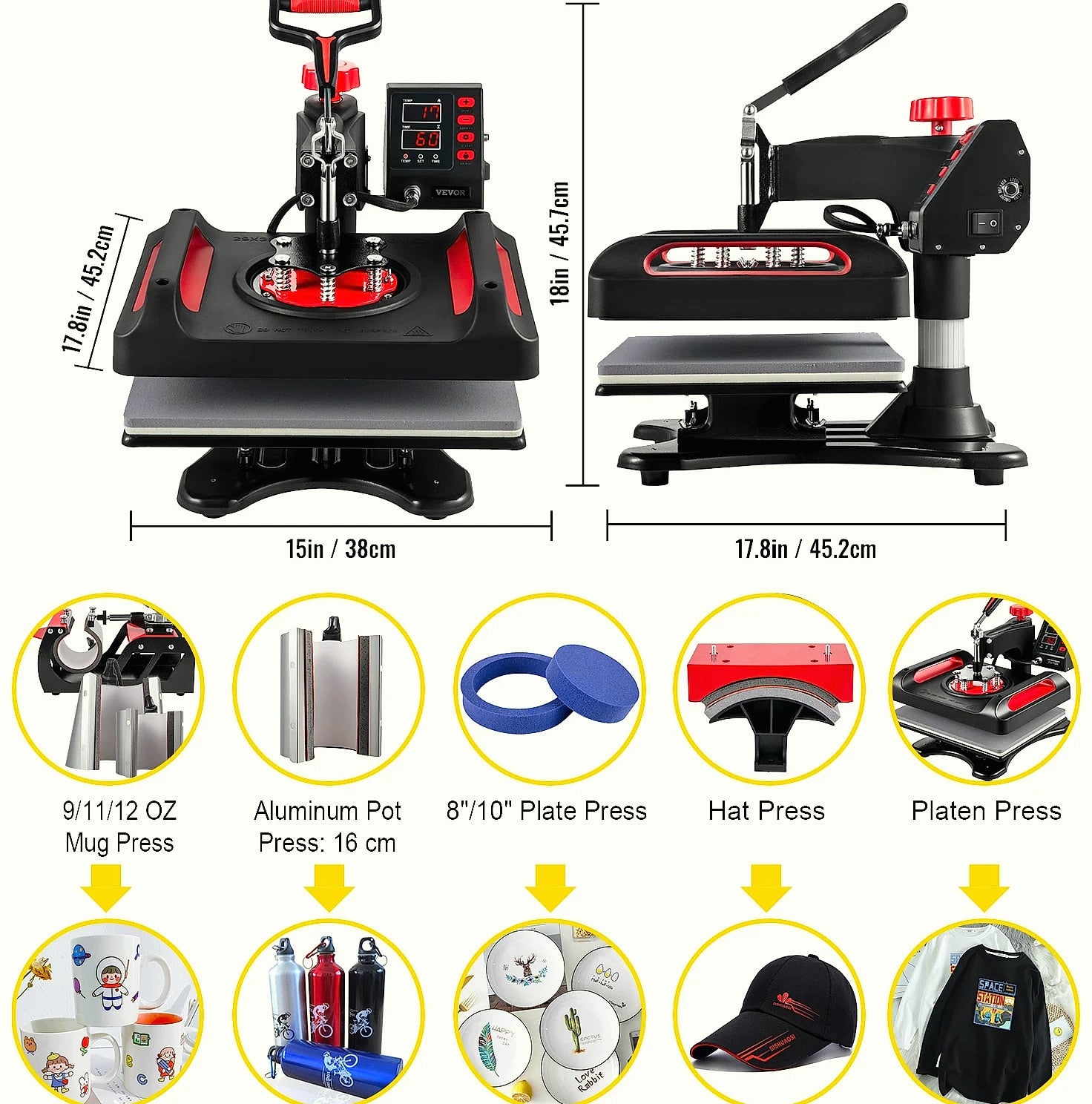 SucceBuy 12x15" Heat Press 5-in-1 Combo Machine with Dual Heating
