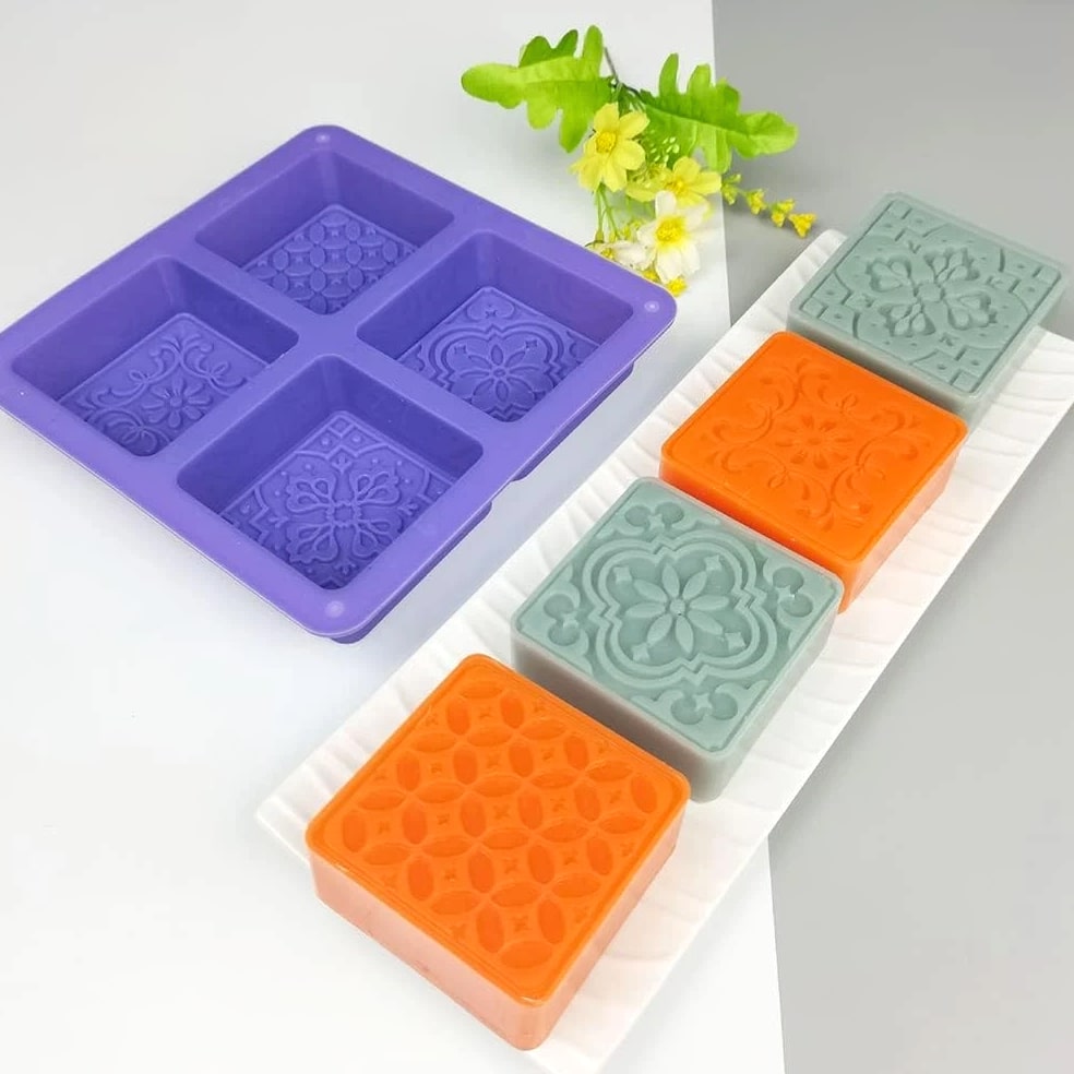 Silicone Soap Mold - 4 Cavities Square Flower Baking Molds For Soap Candles Jelly