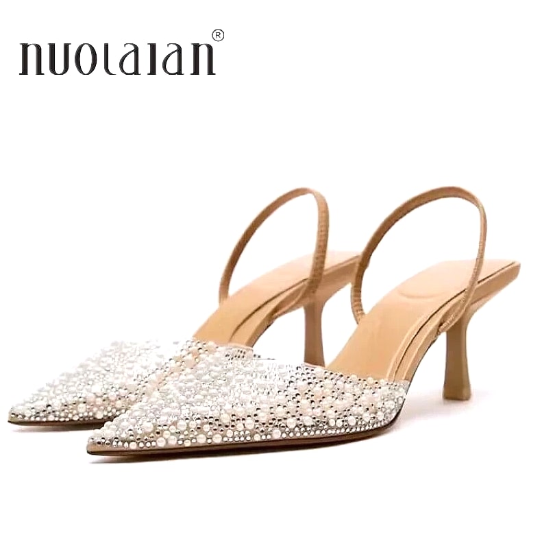 Nuolaian Pearl Slingback Pumps Women's Pointed Toe Heels
