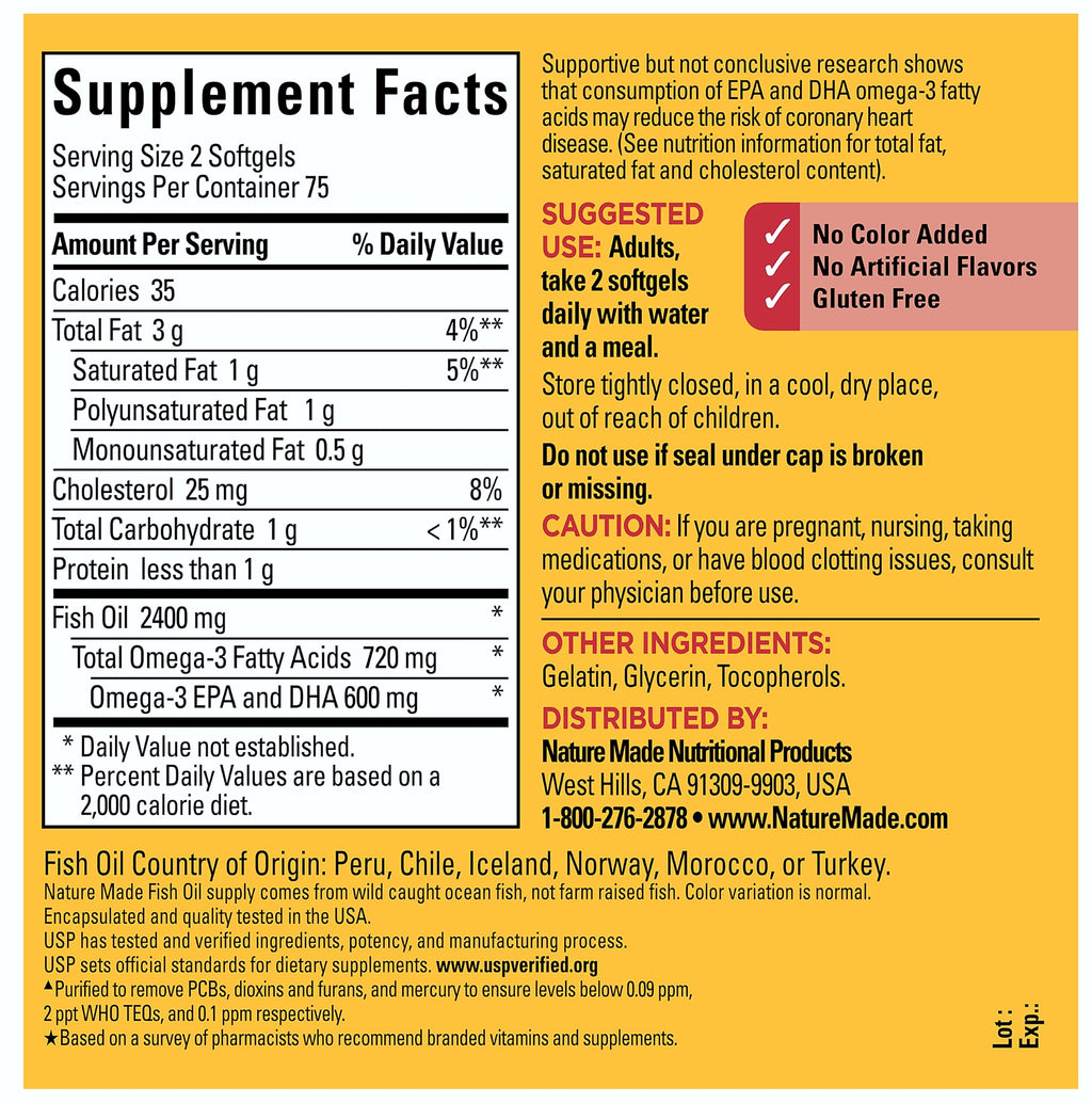 Nature Made Fish Oil 1200 mg Omega-3 Softgels, 150 Count