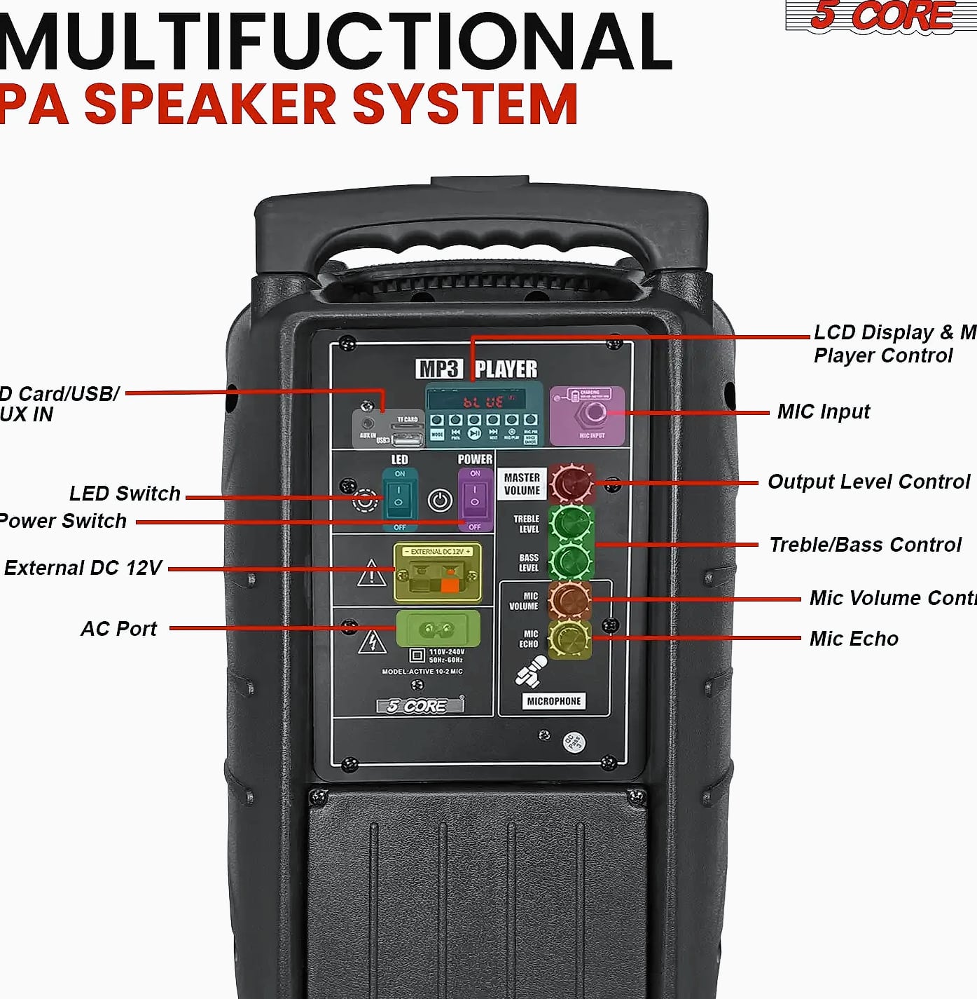 5 Core 400W DJ PA Speaker System with 2 Wireless Mics