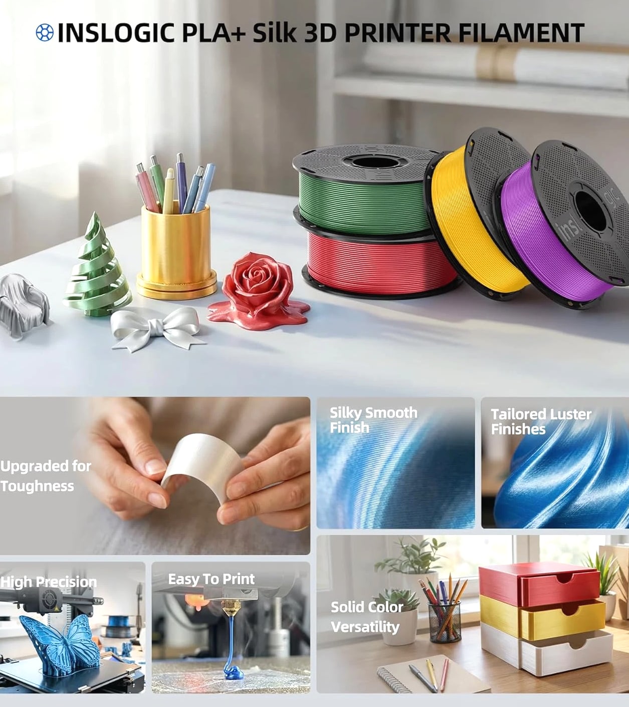 3D Printing Filament Silk PLA Filament Bundle Multicolor, Silky Smooth Finish Mo